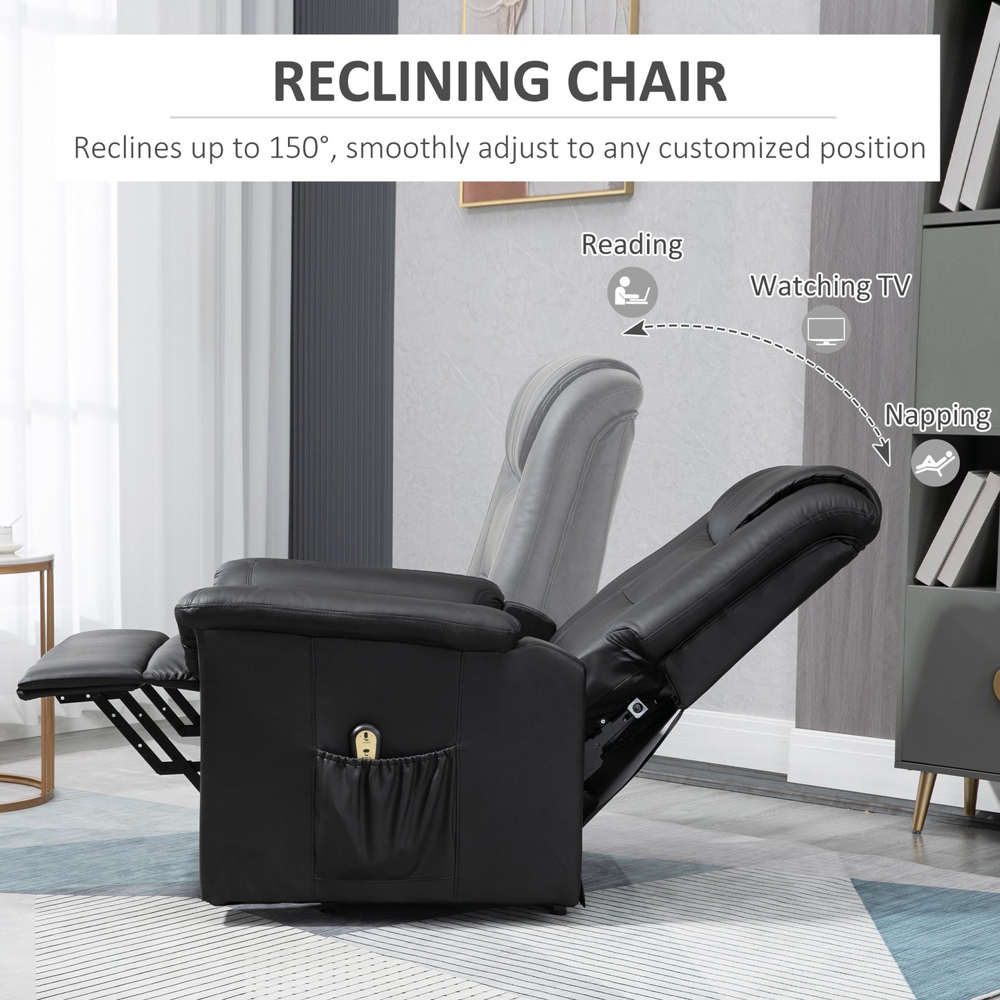 HOMCOM Electric Power Lift Chair for Elderly, PU Leather Recliner Sofa with Footrest and Remote Control, Side Pockets for Living Room, Black