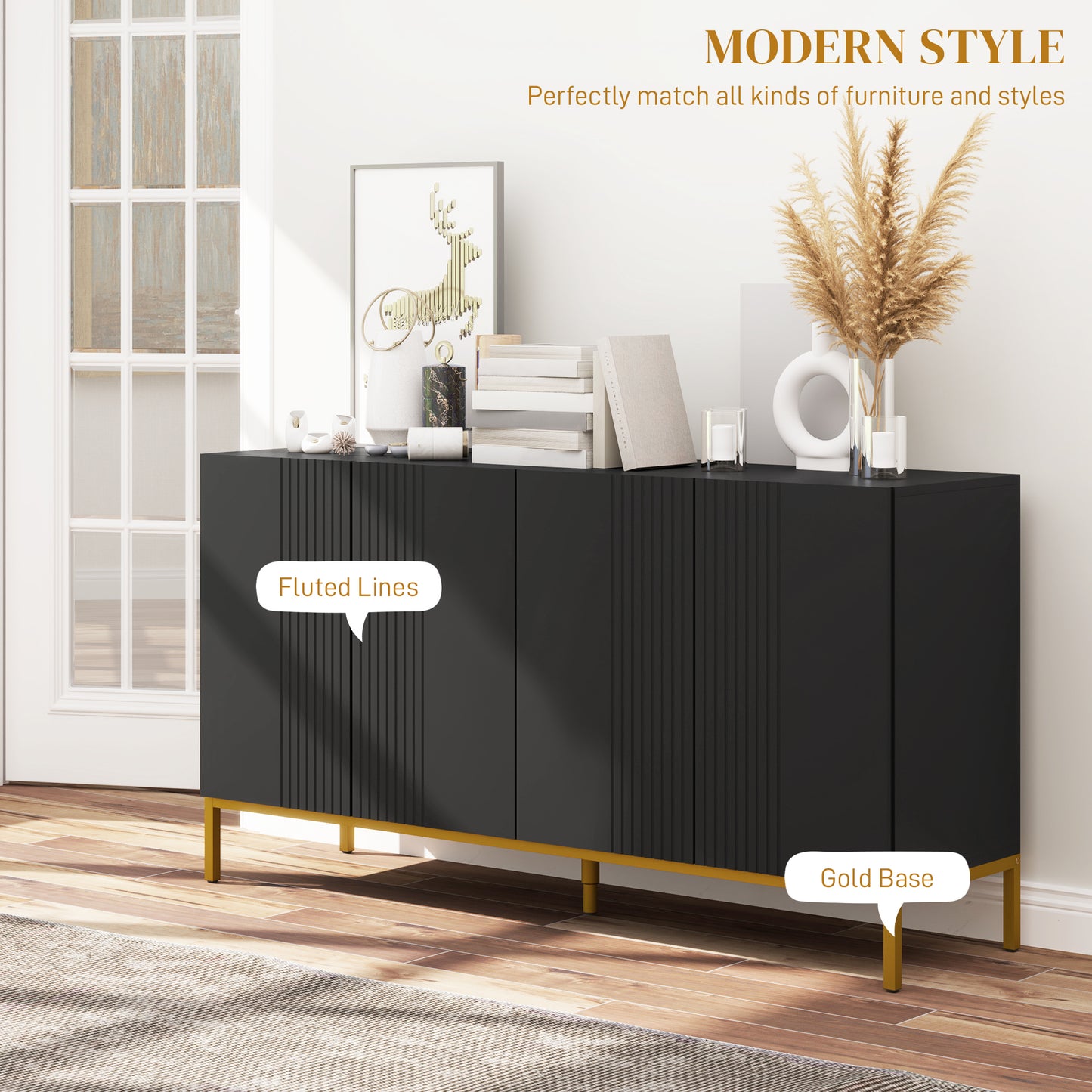 HOMCOM Sideboard Storage Cabinet with Adjustable Shelves, Soft-Close Doors, Kitchen Buffet Cabinet for Dining Room, Black