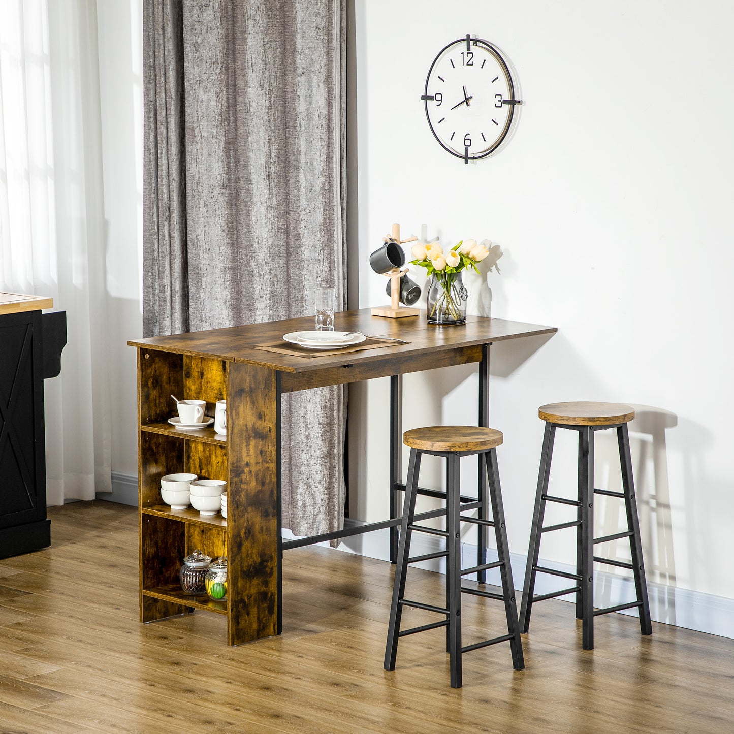 HOMCOM Counter Height Table with Drop Leaf, Extendable Bar Table with Adjustable Storage Shelf, Rustic Brown