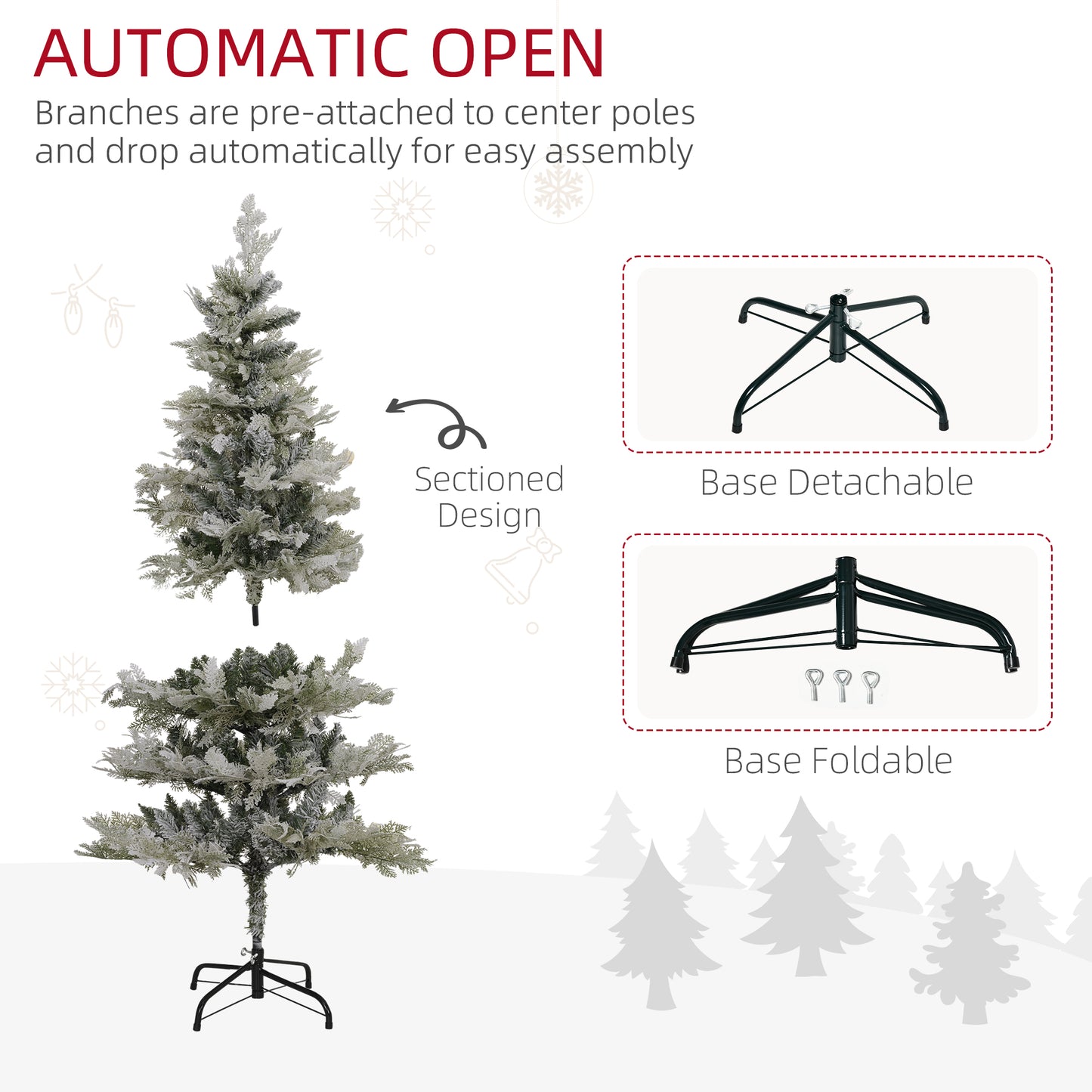 HOMCOM 7.5 Feet Pencil Snow Flocked Artificial Christmas Tree with 880 Realistic Cypress Branches, Auto Open, Green