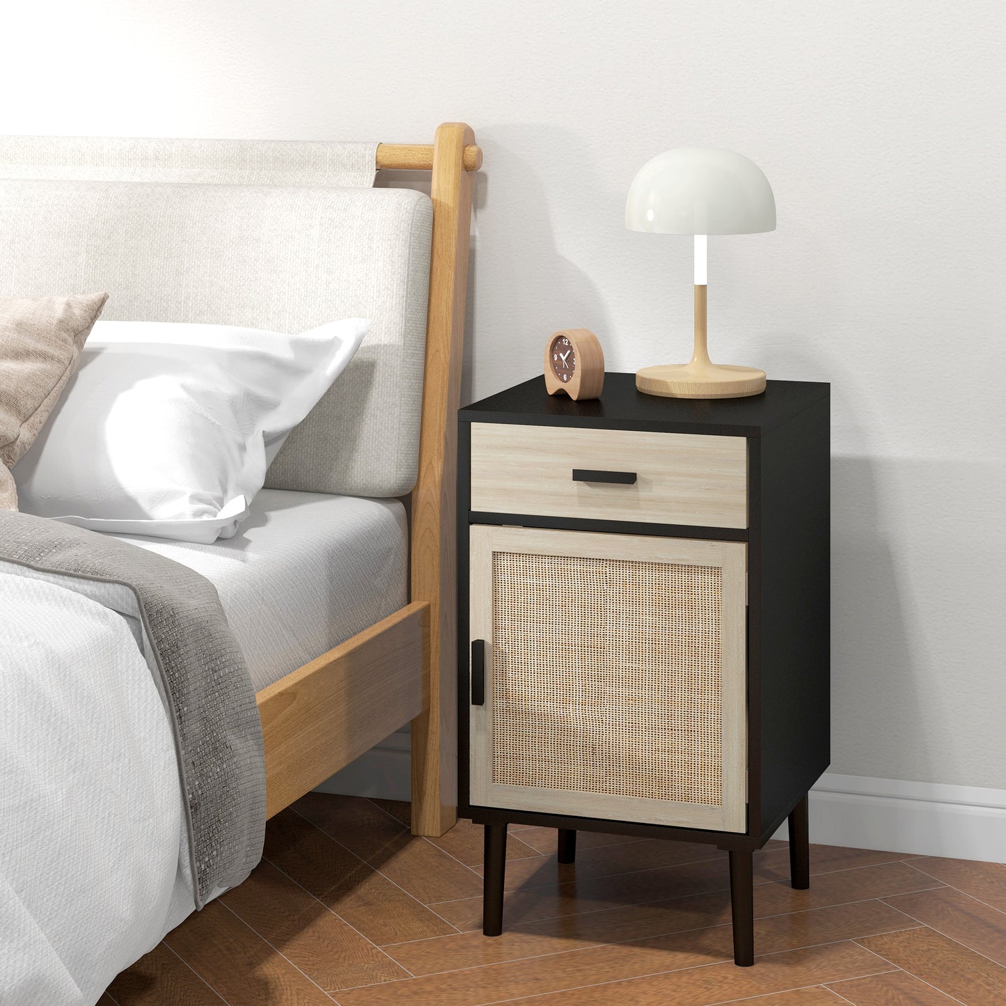HOMCOM Boho Bedside Tables Set of 2, Nightstands with Drawer, Rattan Cabinet, Adjustable Shelf for Bedroom, Living Room, Black