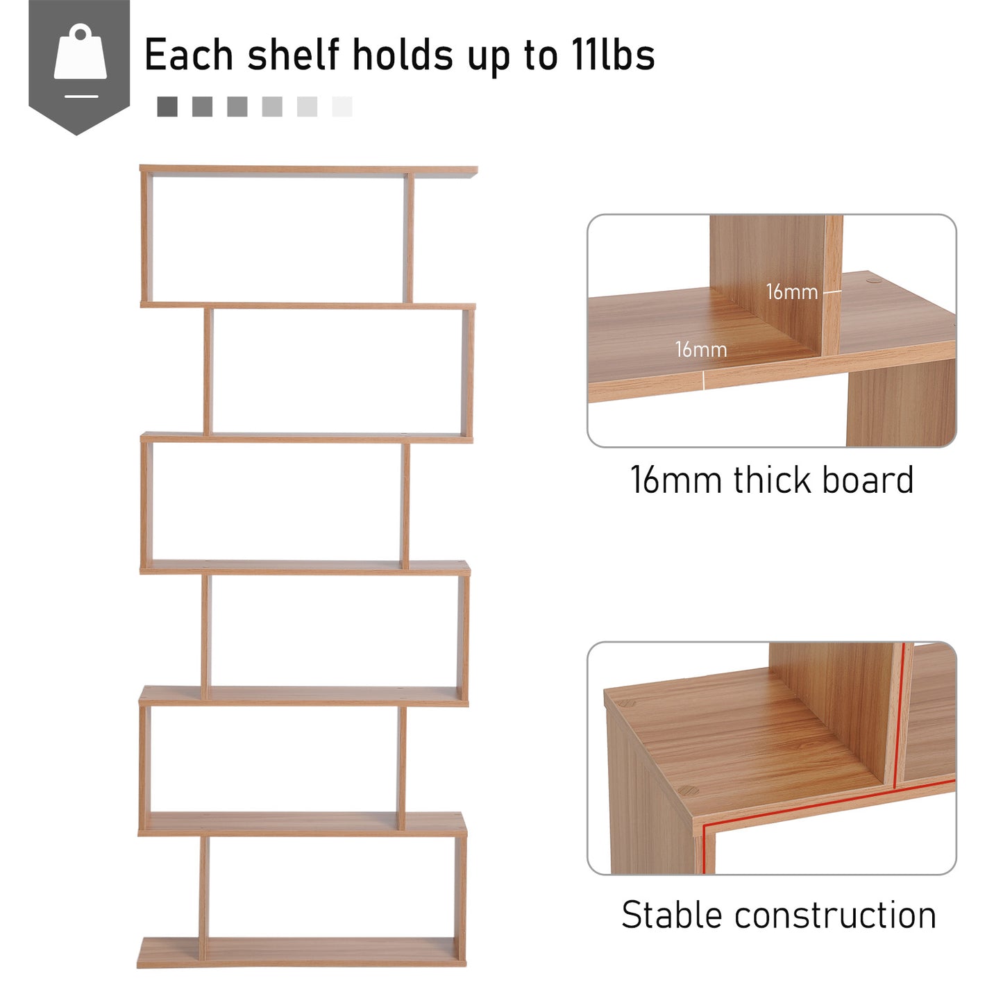 HOMCOM 76" 6-Tier Geometric Wooden Bookcase S Shaped Storage Display Bookshelf Modern shelf Open Concept Living Room Home Office Furniture, Maple