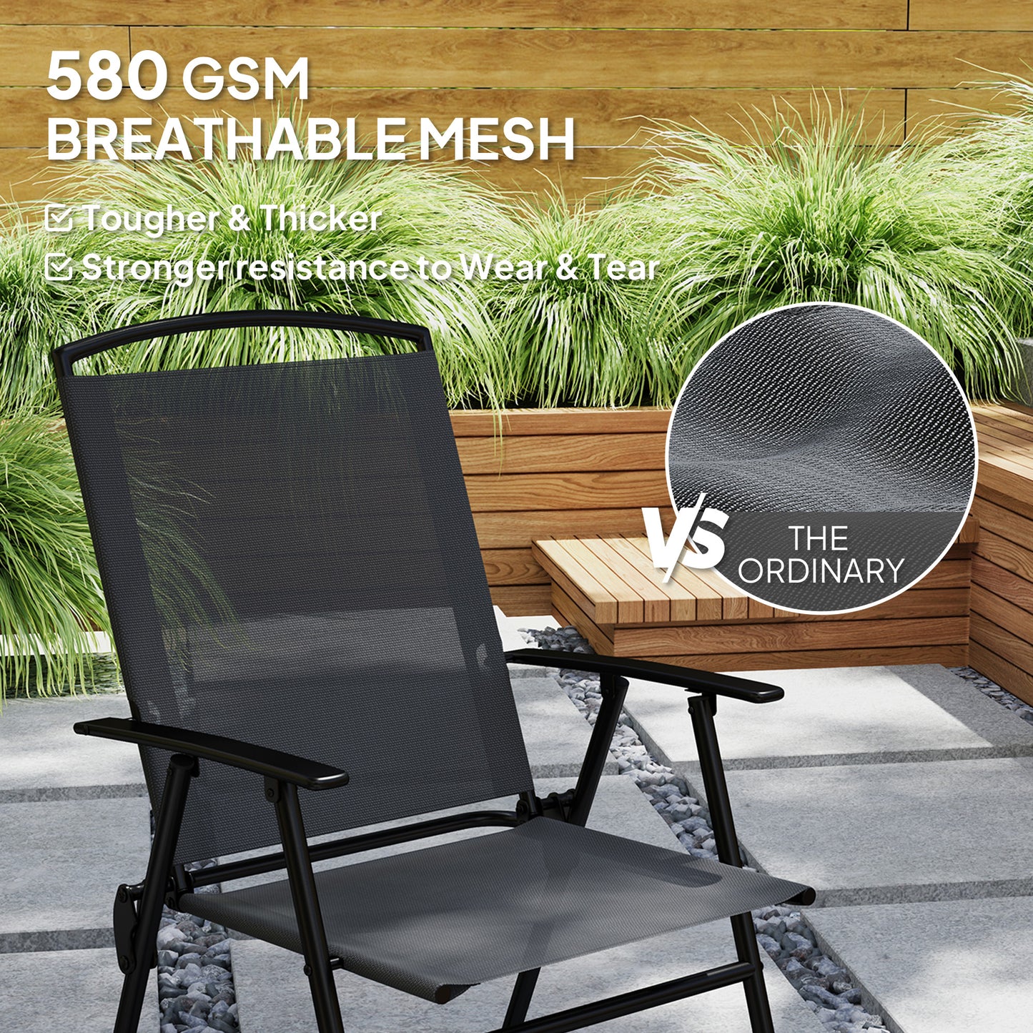 Outsunny 5 Pieces Outdoor Patio Dining Set with Glass Top Table and 4 Mesh Folding Chairs, Small Outdoor Patio Furniture, Grey