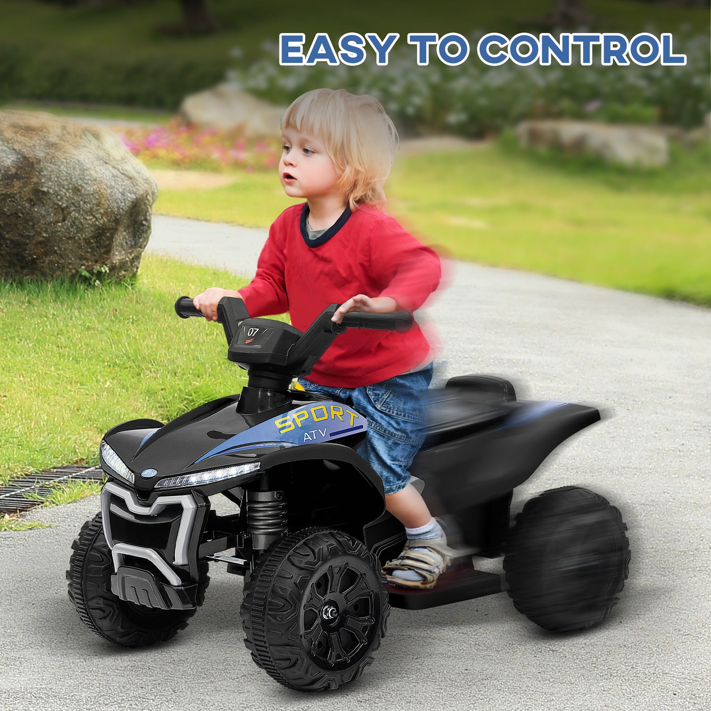 Qaba Kids ATV, 6V Battery Powered Electric Vehicle with Headlights, Music, Forward/Reverse Switch for 18-36 Months, Black