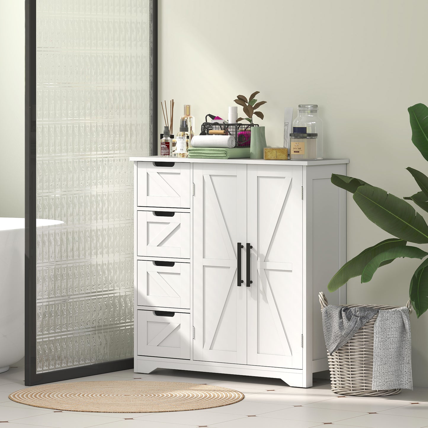 HOMCOM Bathroom Floor Cabinet, Farmhouse Bathroom Storage Cabinet with Adjustable Shelf, Black