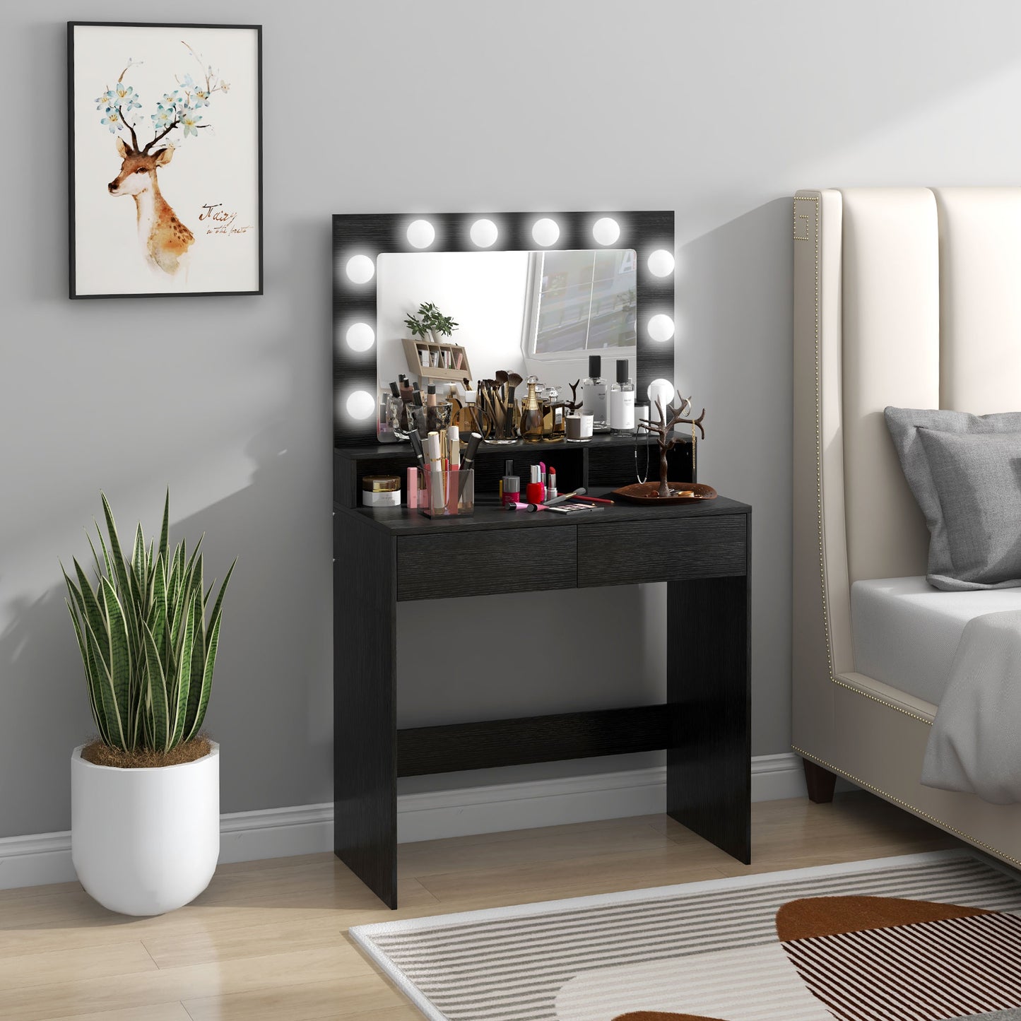HOMCOM Vanity Table, Makeup Dressing Table with LED Lighting Mirror, Drawers, for Bedroom, Black