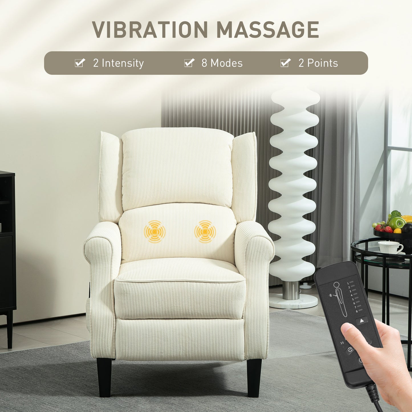 HOMCOM Push Back Recliner Chair, Vibration Massage Recliner for Living Room with Extendable Footrest, Remote, Pocket, Cream