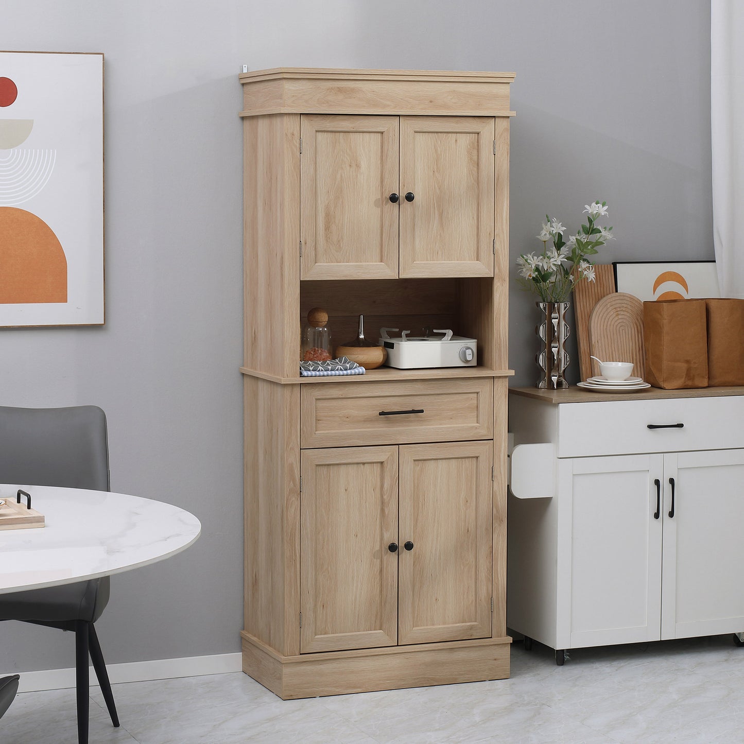 HOMCOM Modern Freestanding Kitchen Pantry Cabinet Cupboard with Doors Open Shelves Adjustable Shelving Microwave Space, White