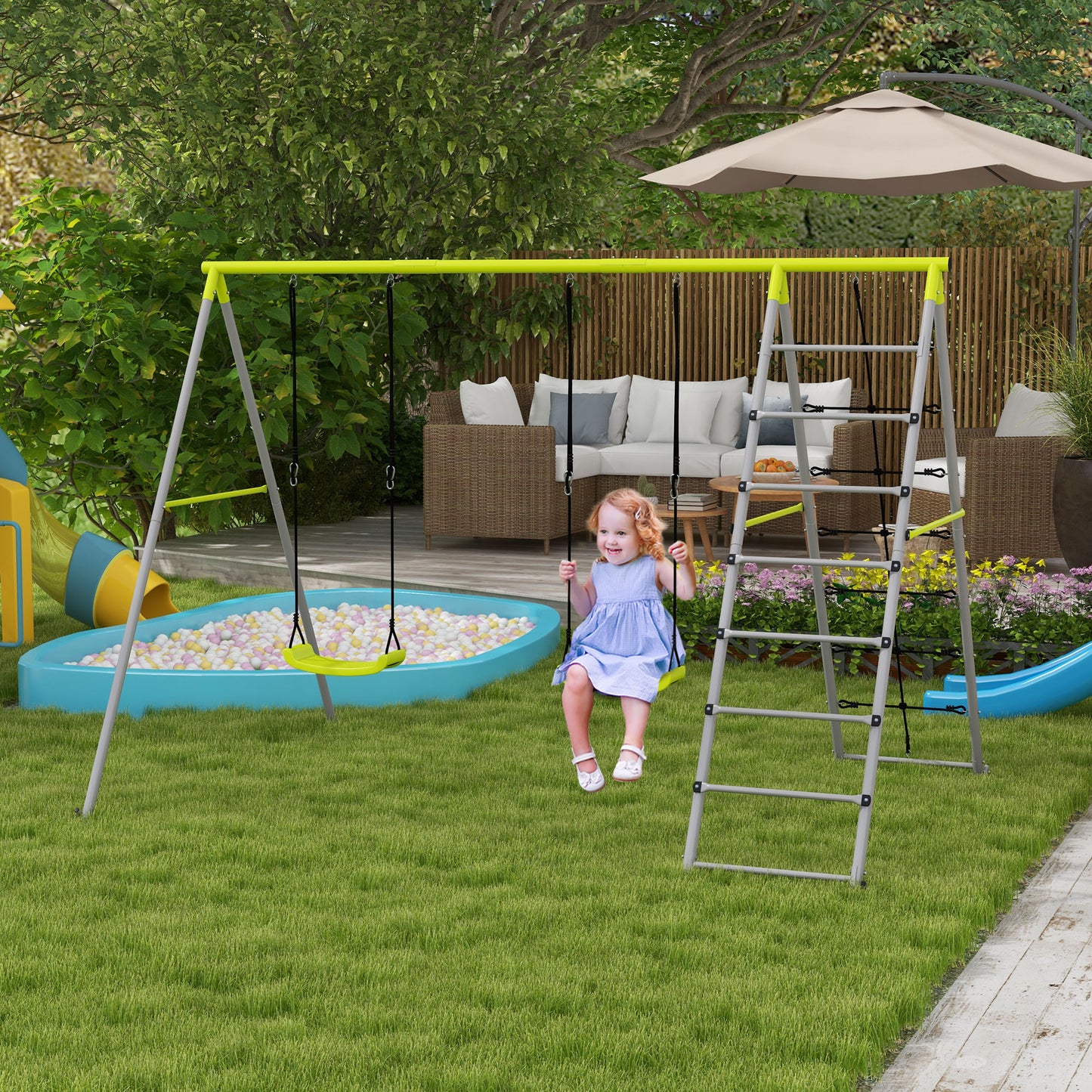 Outsunny 4 in 1 Metal Swing Set with Double Swings, Climber, Climbing Net for Kids, Toddlers, Backyard, Outdoor, Playground
