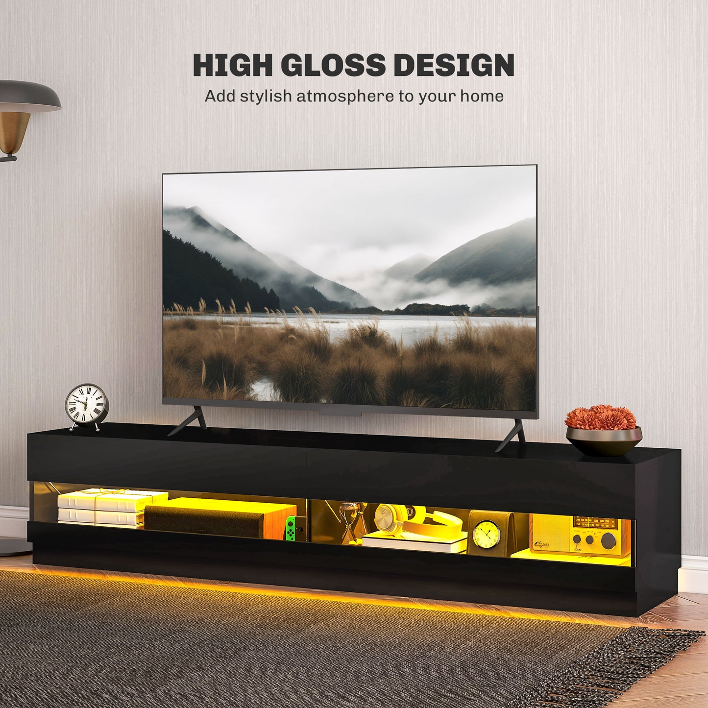 HOMCOM Lighted TV Stand for TVs up to 75", TV Cabinet with Storage for Living Room, High Gloss White