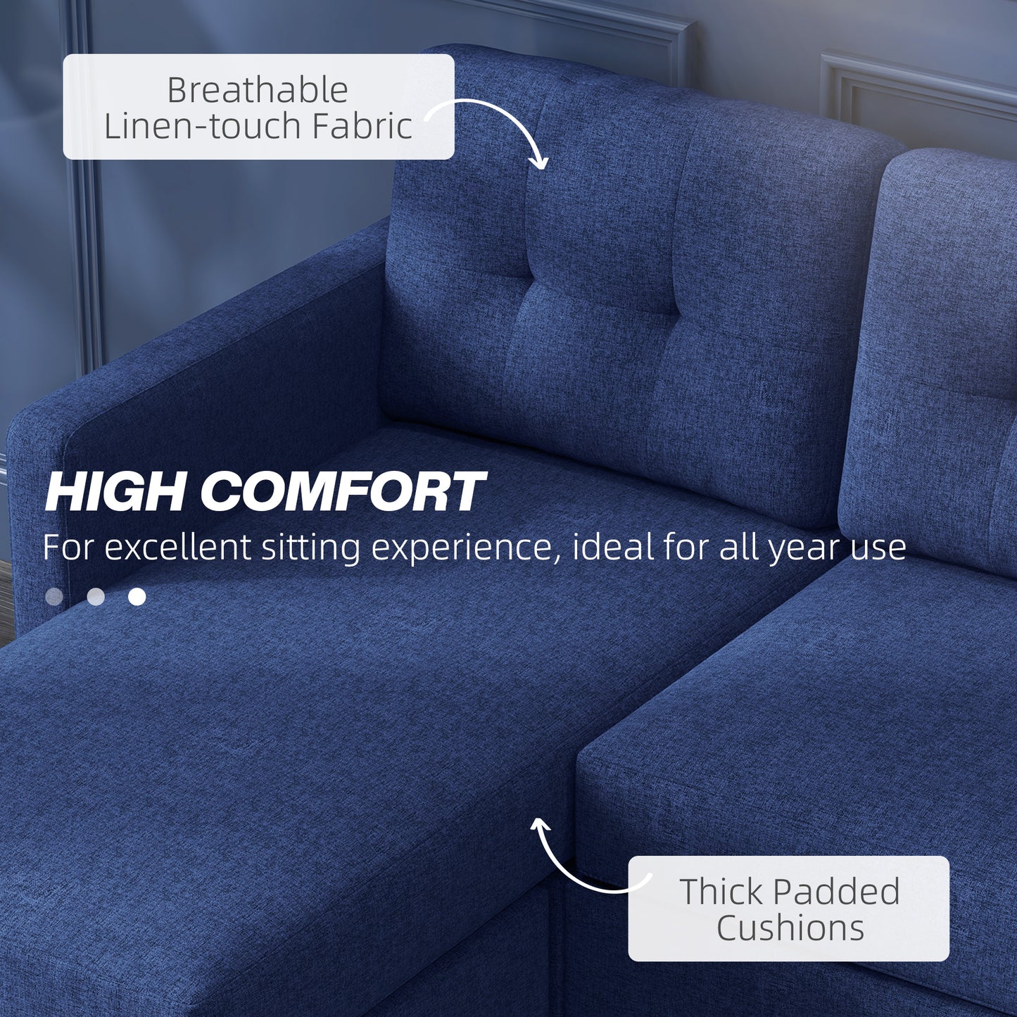 HOMCOM L-shaped Sofa, 3 Seater Couch with Ottoman, Corner Sofa with Thick Padded Cushion and Wood Legs, Dark Grey
