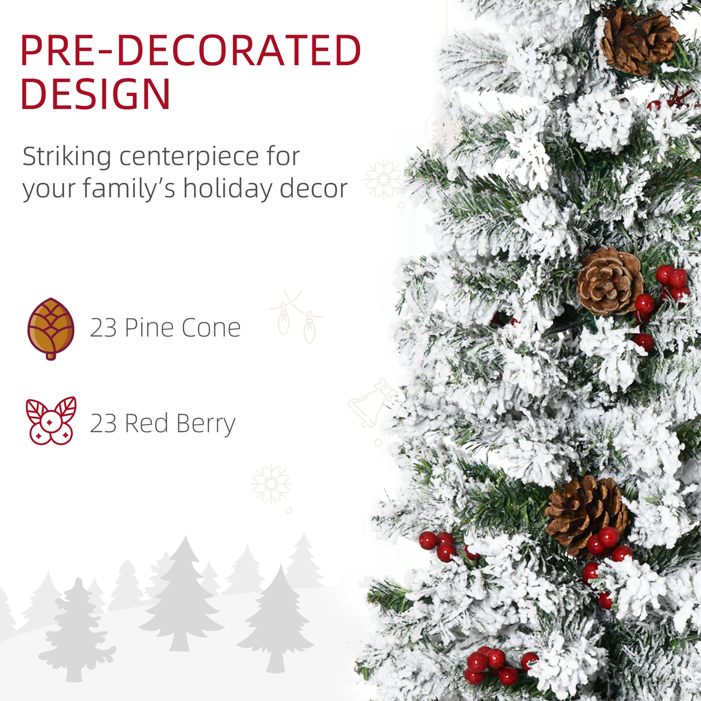 HOMCOM 9-foot Pencil Snow Flocked Artificial Christmas Tree with 1350 Pine Realistic Branches, Pine Cones, Red Berries, Auto Open, Green