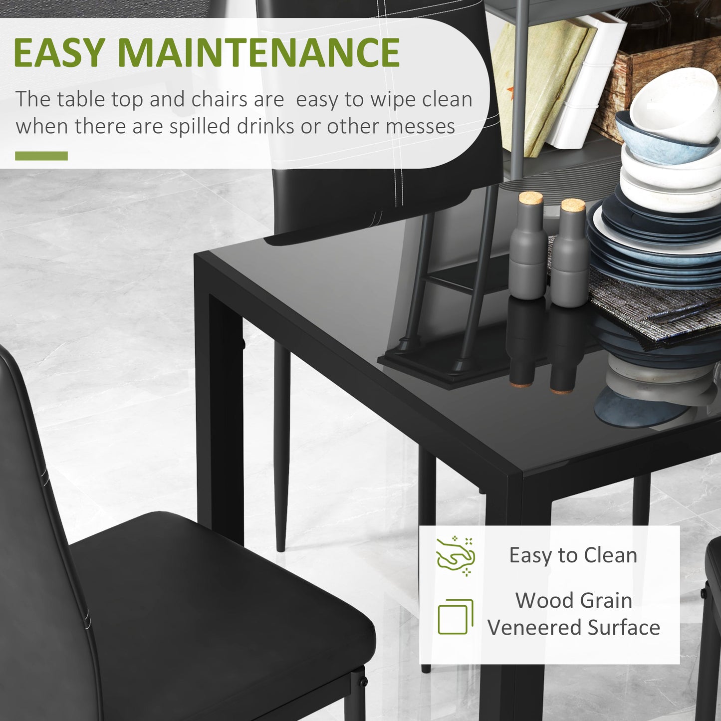 HOMCOM 5-Piece Rectangular Glass Kitchen Table and Chairs with Metal Frame and Faux Leather Upholstery for Dining Room, White