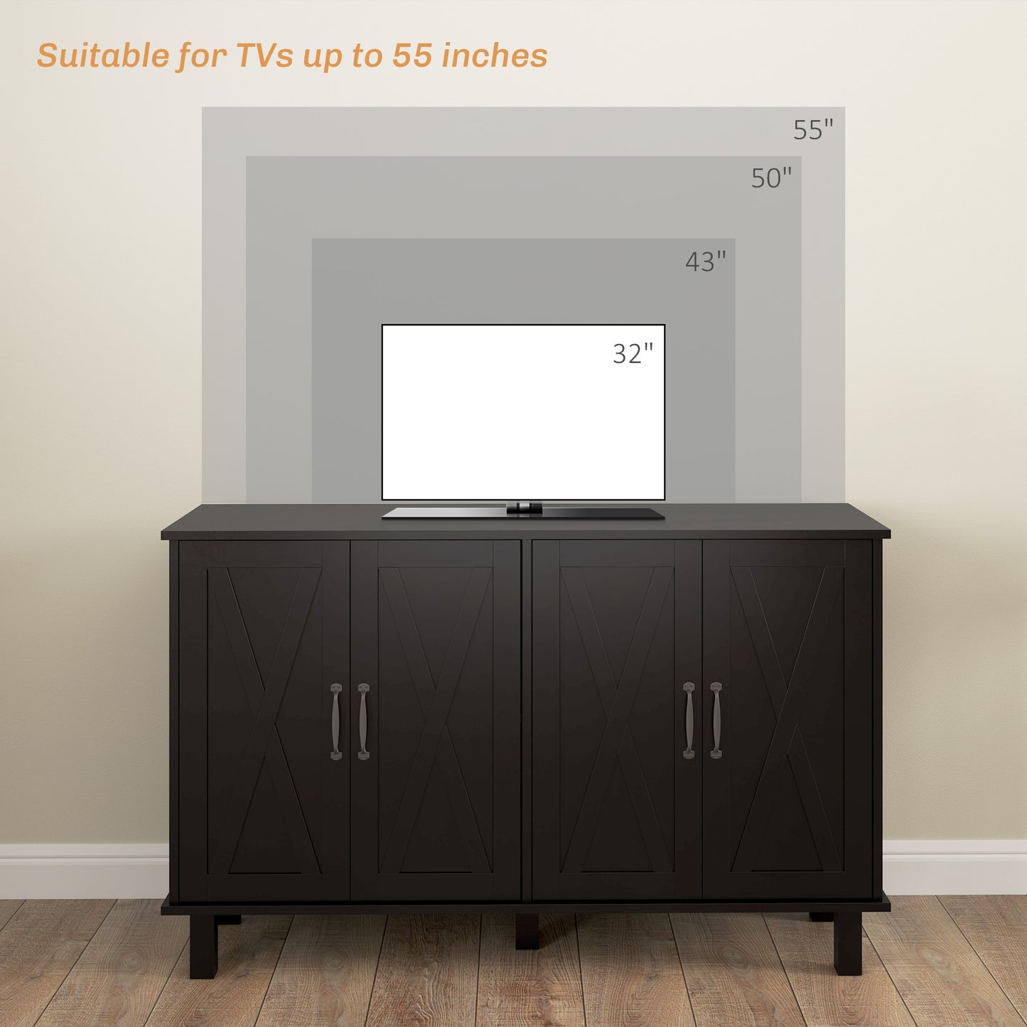 HOMCOM Kitchen Sideboard Cabinet with 4 Barn Doors and 2 Adjustable Shelves, Buffet Table for Living Room, Hallway, Black