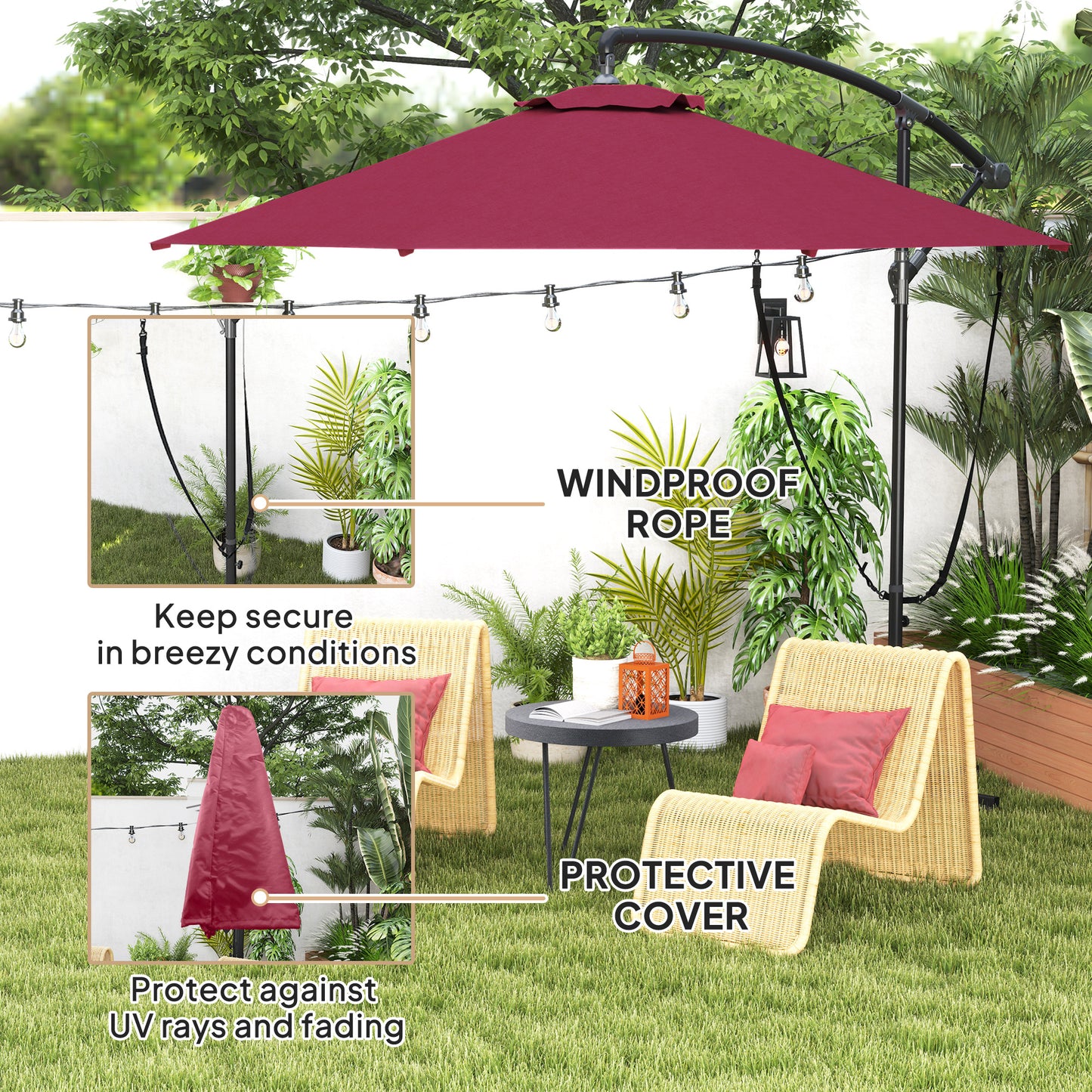 Outsunny 9.5' Cantilever Umbrella with Wind Protection Strap and Cover, Hanging Umbrella with Crank and Cross Base, UPF 50+, Grey