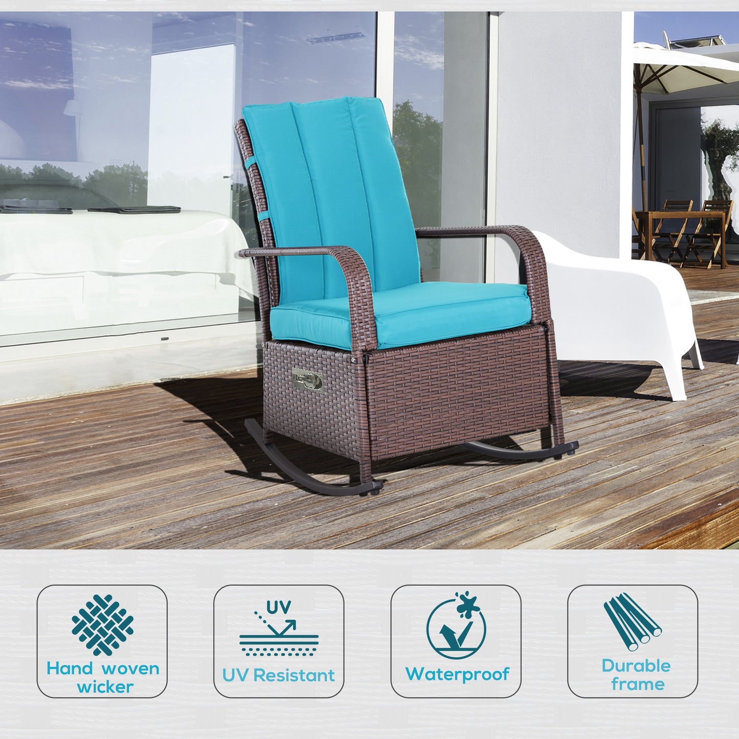 Outsunny Outdoor Wicker Rocking Chair with Cushion, Patio PE Rattan Recliner Chair with Adjustable Footrest, Armrests, Dark Blue