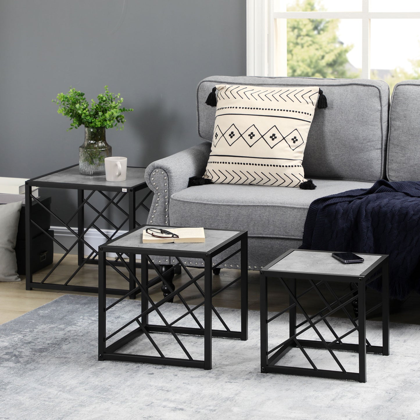 HOMCOM Nest of Tables Set of 3, Square Coffee Table Set with Metal Frame for Living Room, Bedroom, Grey