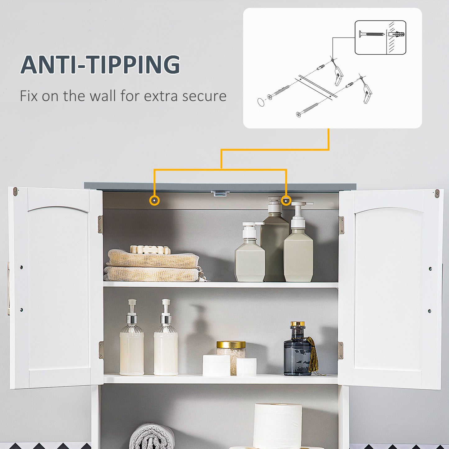 kleankin Modern Over The Toilet Storage Cabinet, Double Door Over Toilet Bathroom Organizer with Adjustable Shelf and Open Shelf, Space Saver, White