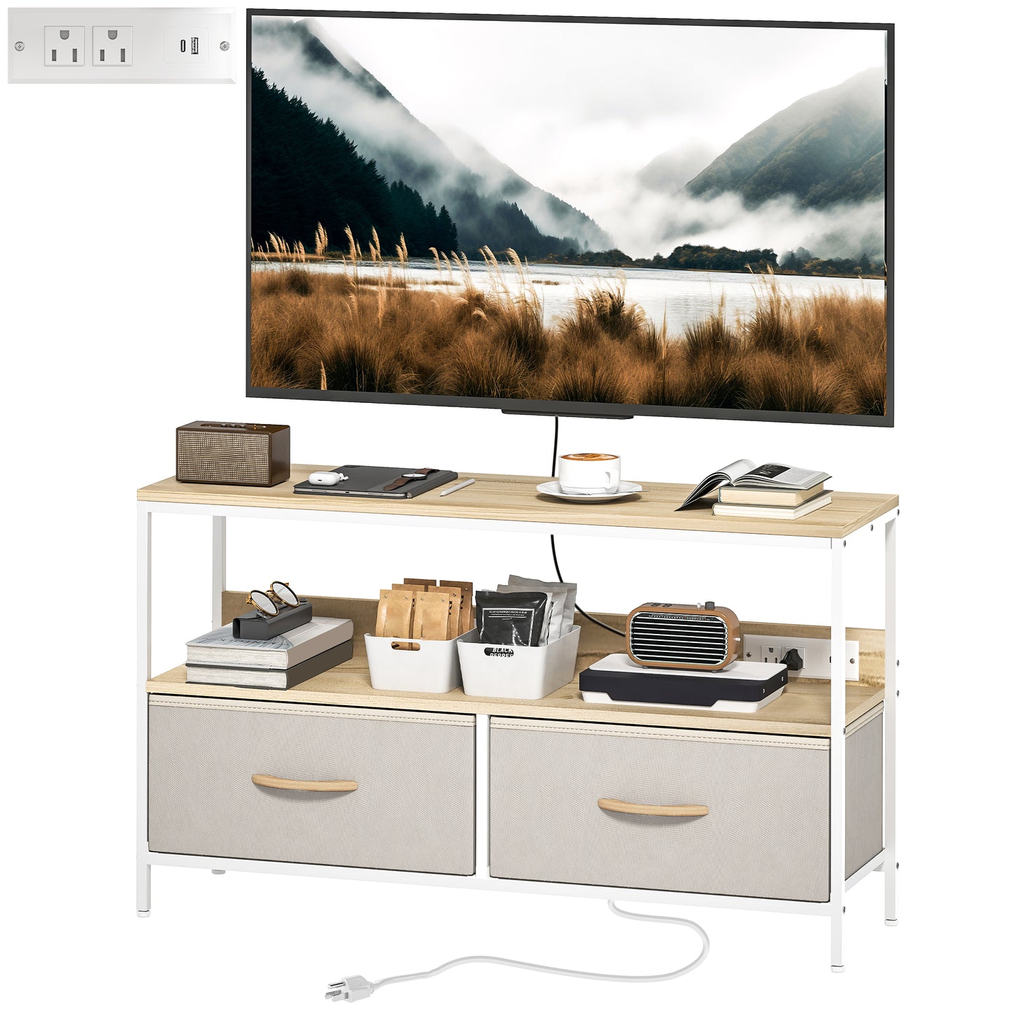 HOMCOM TV Stand with Charging Station, TV Table with 2 Foldable Linen Drawers and Open Shelf for 47 Inch TV, Rustic Brown