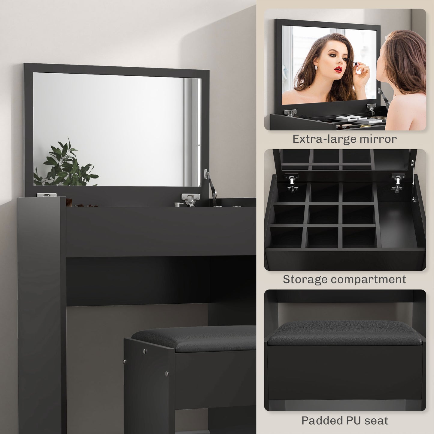 HOMCOM Modern Vanity Set with Makeup Table and Cushioned Stool, Dressing Table with Flip Top and Mirror for Bedroom, White