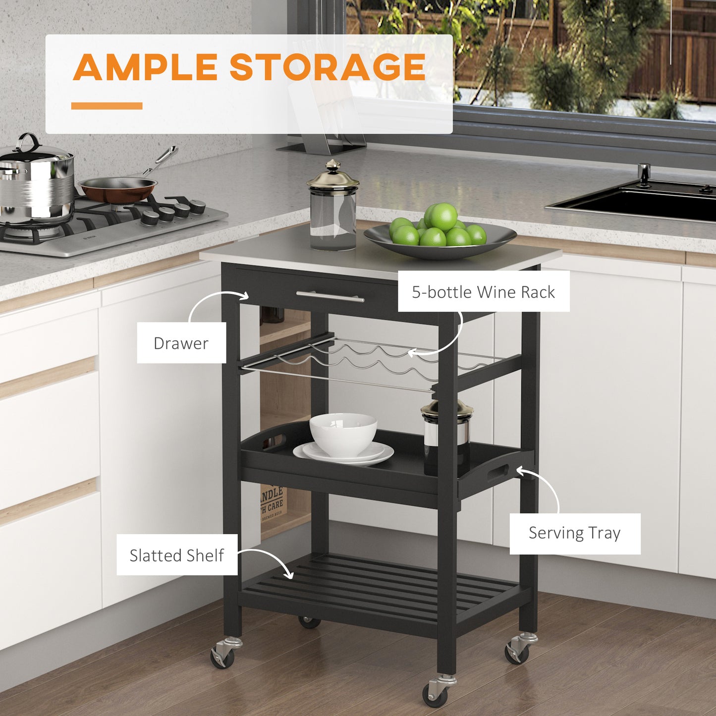 HOMCOM Room Essentials Portable Stainless Steel Top Kitchen Cart with Storage Drawer 3-Tier