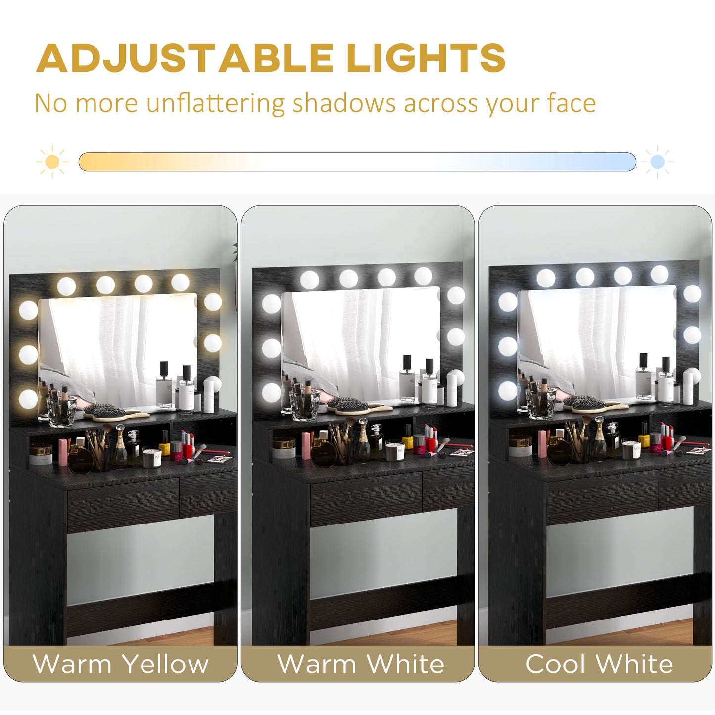 HOMCOM Vanity Table, Makeup Dressing Table with LED Lighting Mirror, Drawers, for Bedroom, Black