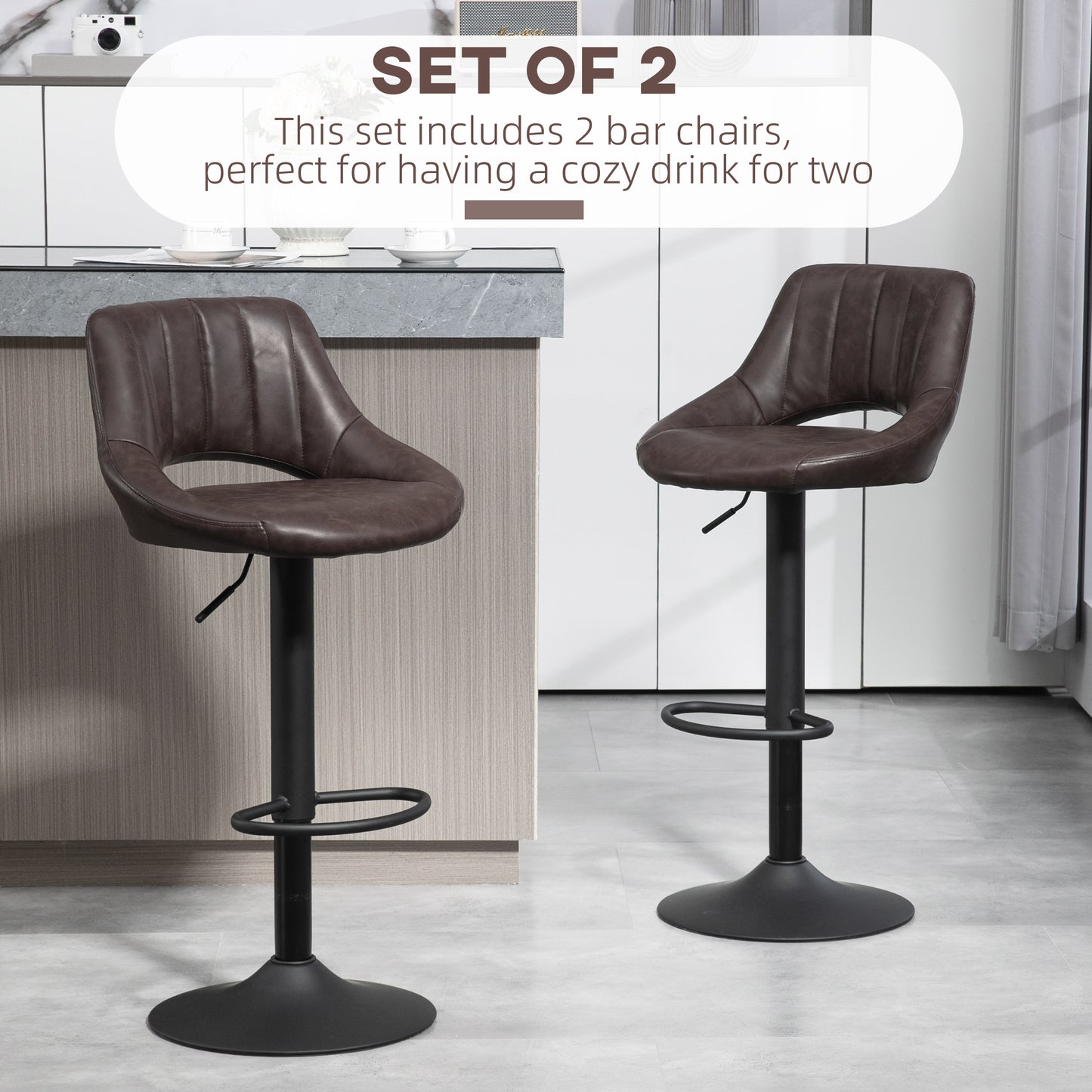 HOMCOM Bar Stools Set of 2, Swivel Counter Height Barstools with Adjustable Height, Linen Upholstered Bar Chairs with Round Metal Base and Footrest, Blue