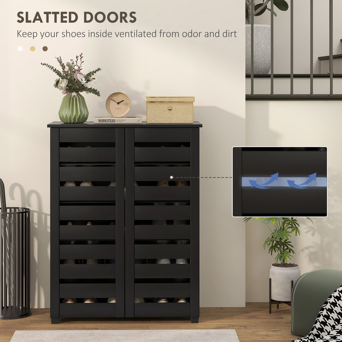 HOMCOM Shoe Storage Cabinet, Shoe Cabinet with 2 Slatted Doors for 15 Pairs of Shoes, Black