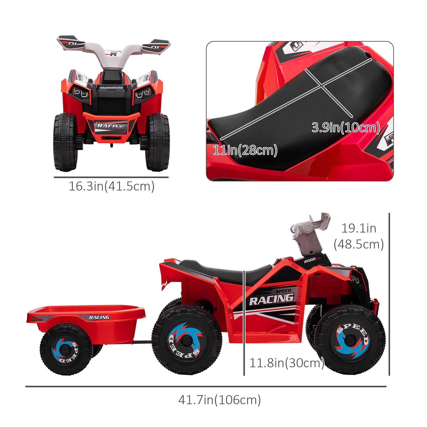 Aosom 6V Kids ATV Quad, Battery Powered Electric Vehicle for Kids with Back Trailer, Wear-resistant Wheels, for Boys and Girls - Blue