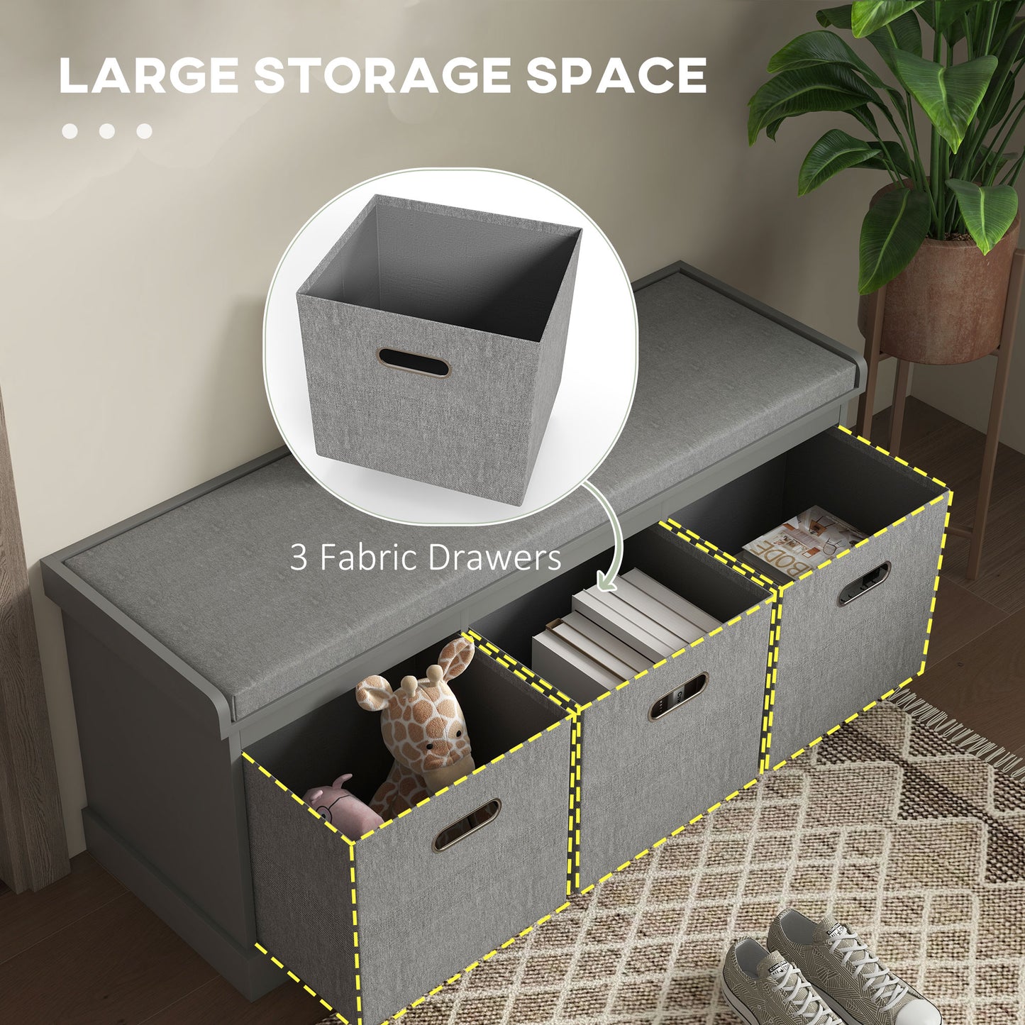 HOMCOM Shoe Storage Bench with Seat, Entryway Bench Seat with Cushion, 3 Fabric Drawers for Hallway, Grey