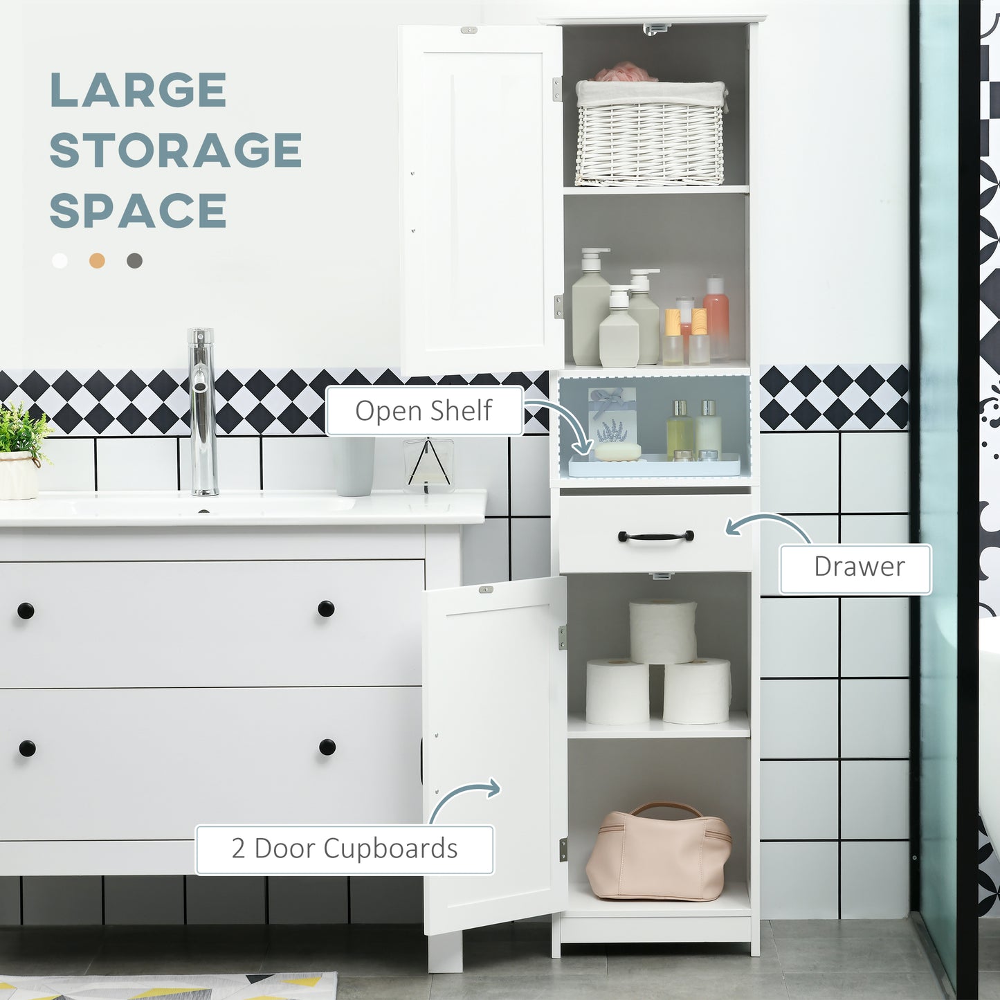 kleankin Modern Bathroom Cabinet, Narrow Bathroom Vanities with Open Shelf Drawer Recessed Doors and Adjustable Shelves White