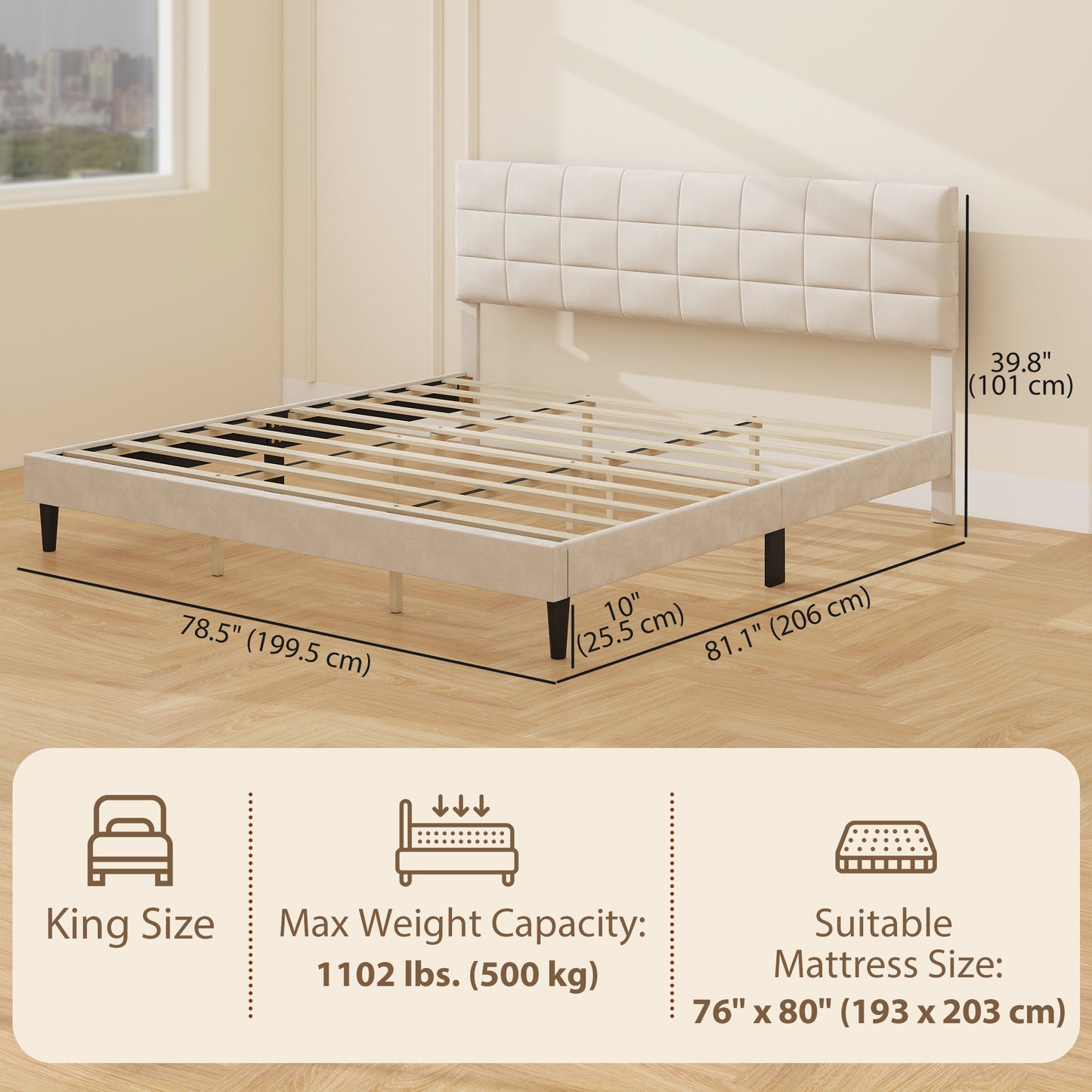 HOMCOM Queen Size Bed Frame with Upholstered Headboard, Modern Platform Bed Frame with Wood Slats, 1100 lbs Capacity, Cream