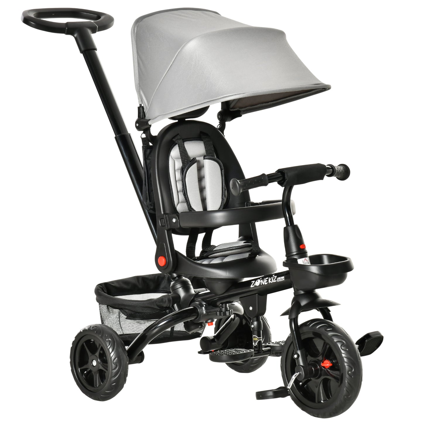 Qaba Tricycle for Toddler 4 in 1 Kids Trike with Reversible Adjustable Seat, Baby Push Bike with Removable Handle, Canopy, Belt Storage Brake Clutch for 1-5 Years, Red