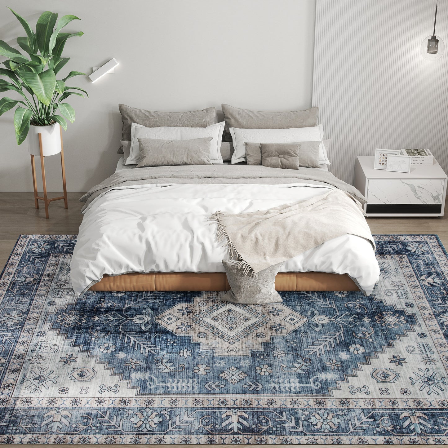 HOMCOM 6x9 Area Rug, Vintage Machine Washable Rug, Non-Slip Floor Carpet for Living Room, Bedroom, Dining Room, Blue