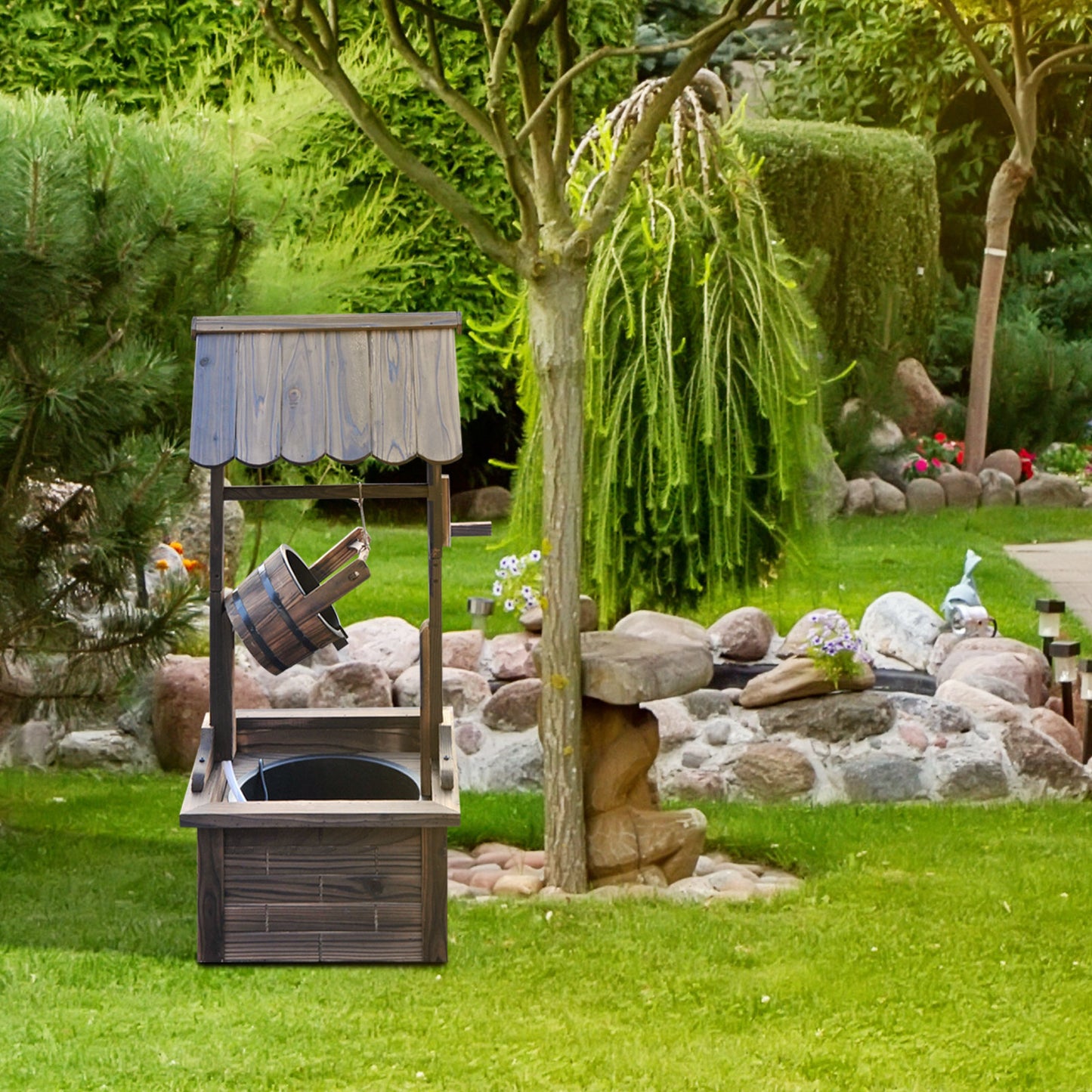 Outsunny Wooden Well Wishing Fountain Outdoor with Electric Pump Water Bucket for Patio Garden Carbonized
