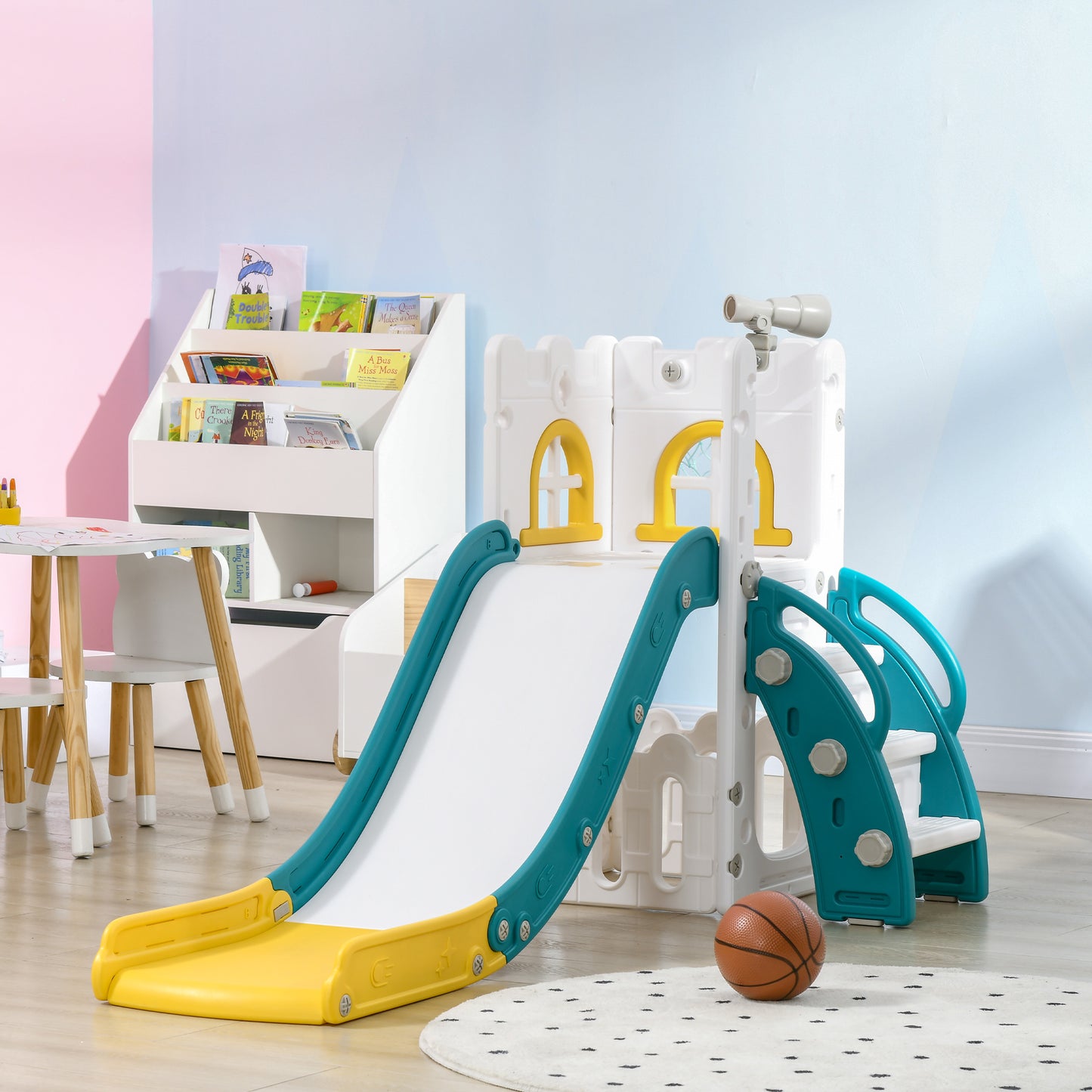 Qaba 4 in 1 Toddler Slide with Basketball Hoop, Climber, Telescope, Storage Basket, for 1-3 Years Kids Indoor Use, Yellow