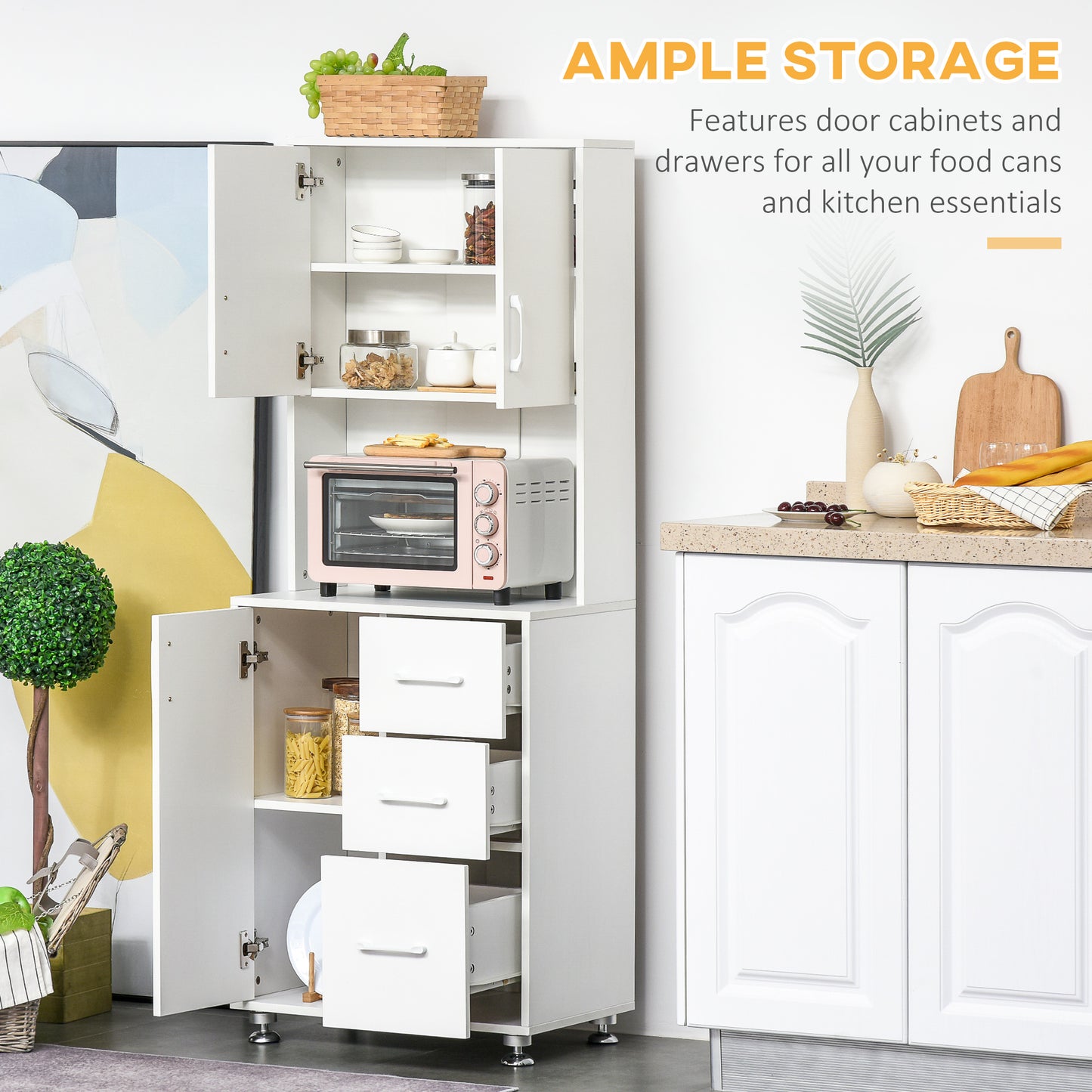HOMCOM Modern Kitchen Cupboard with Storage Cabinet Hutch, 2 Cabinets, 3 Drawers and Open Countertop, White