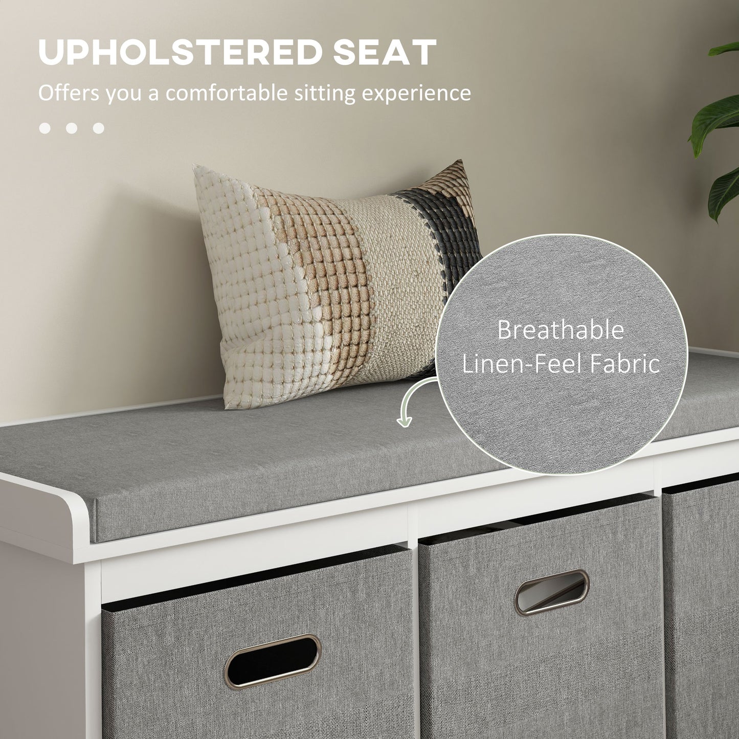 HOMCOM Shoe Storage Bench with Seat, Entryway Bench Seat with Cushion, 3 Fabric Drawers for Hallway, Grey