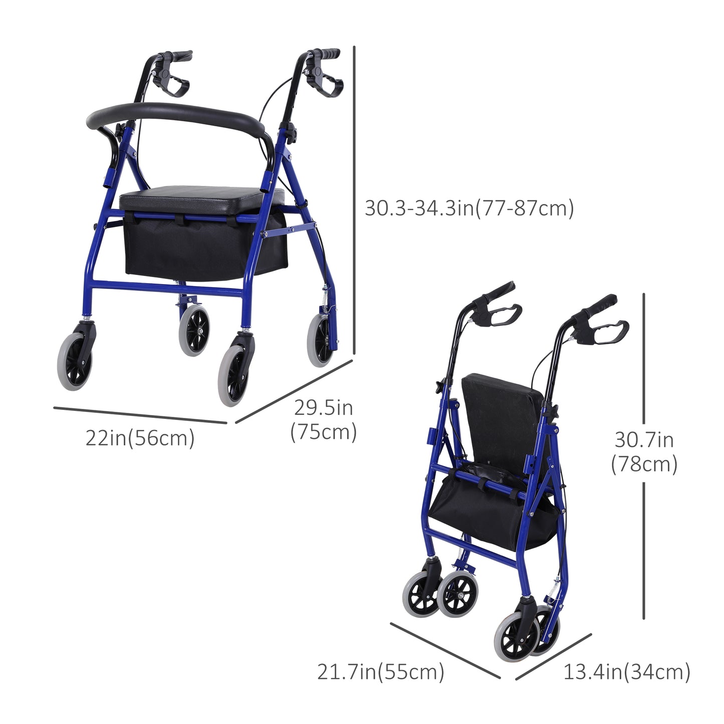 HOMCOM Folding Aluminum Rollator Walker with Adjustable Handle Height, Cushioned Flip Up Seat and Convenient Storage Bag, Rolling Wheels with 2 Barker, Blue