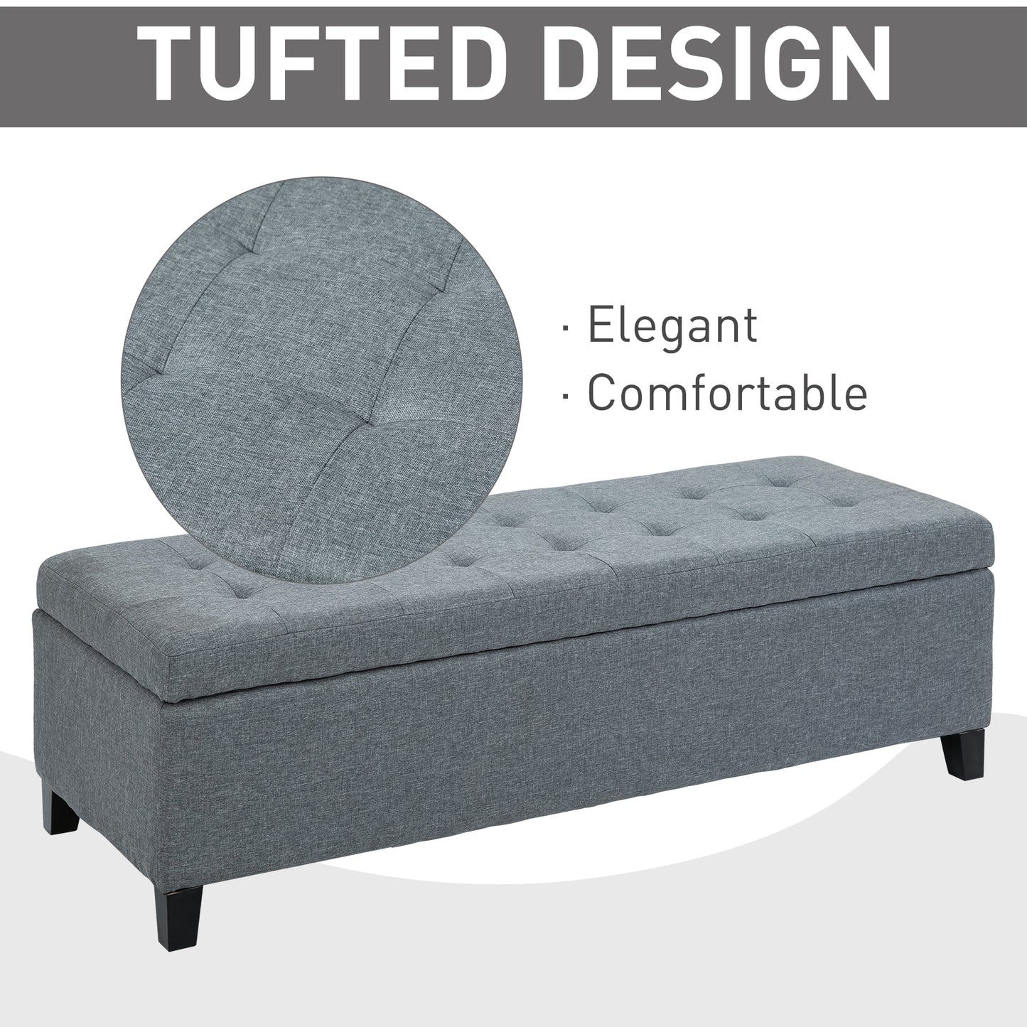 HOMCOM Rectangular Entry Bench, Tufted Upholstered Linen Fabric Wood Feet Storage Ottoman Bench, Beige