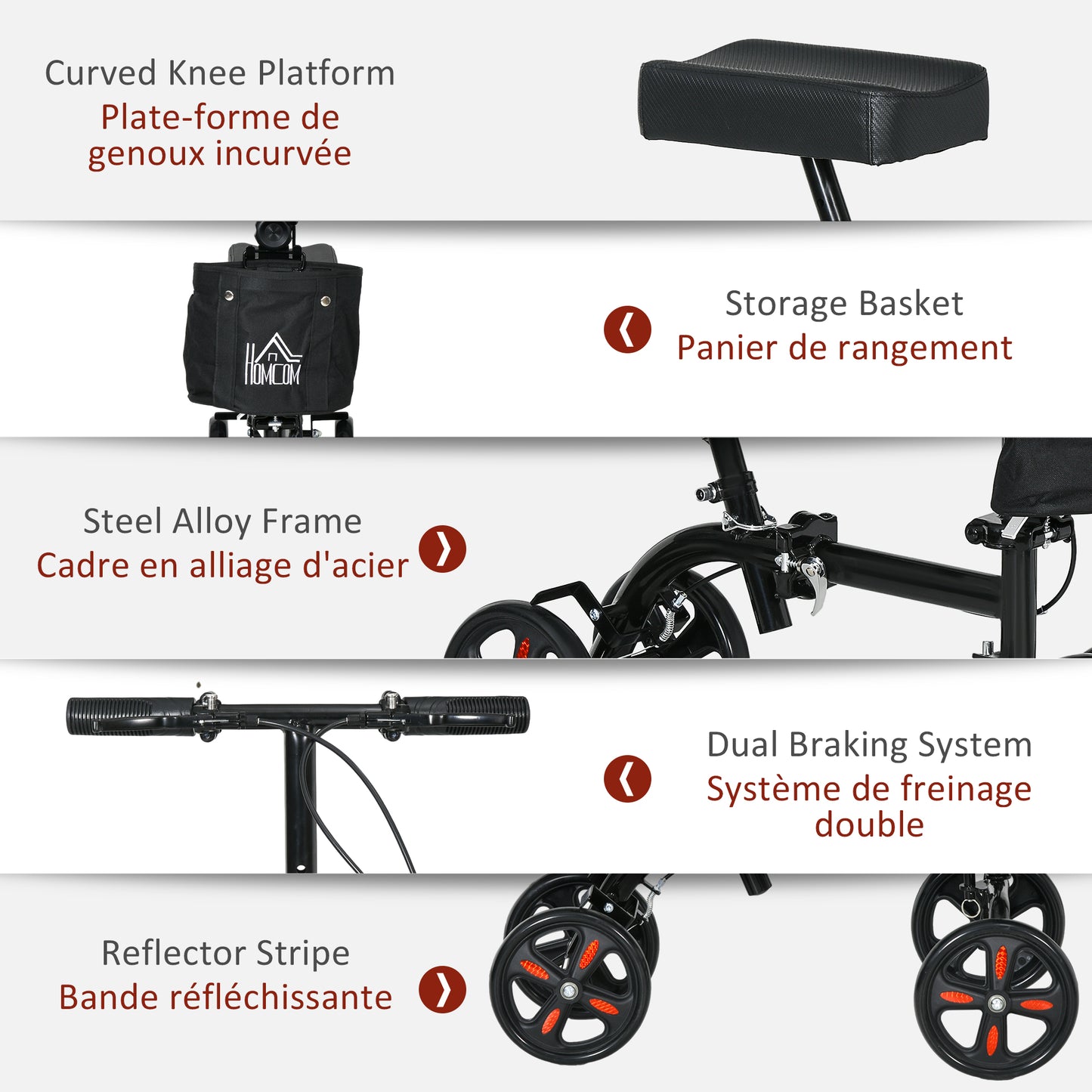 HOMCOM Steerable Knee Walker, Foldable Knee Scooter with Dual Braking System, Adjustable Height, Crutch Alternative, Red