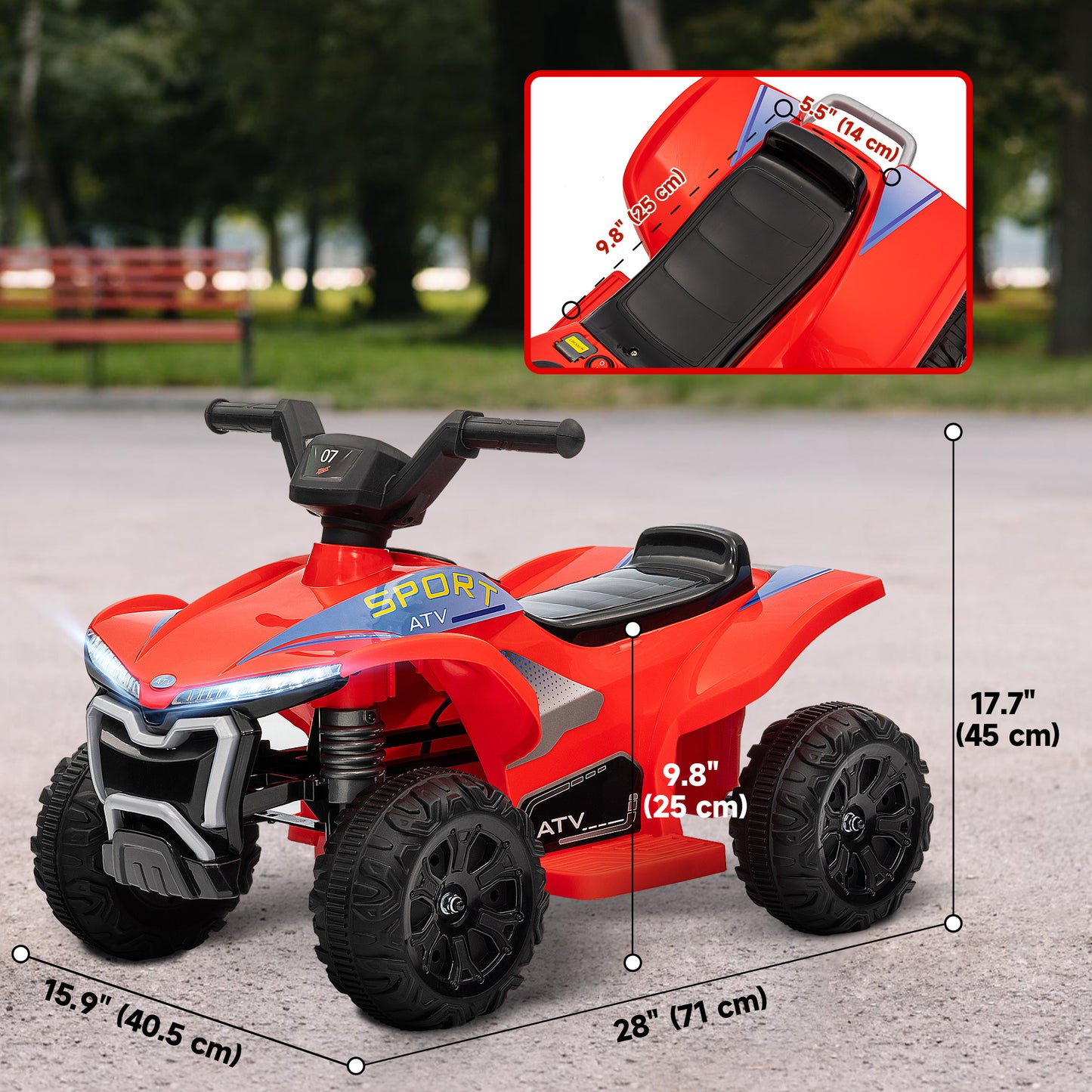 Qaba Kids ATV, 6V Battery Powered Electric Vehicle with Headlights, Music, Forward/Reverse Switch for 18-36 Months, Black