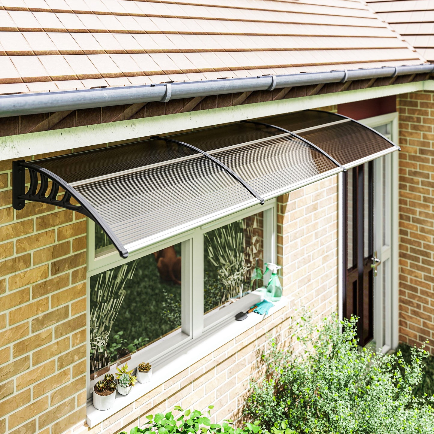 Outsunny Window Awning Door Canopy, Polycarbonate Front Door Outdoor Patio Cover, Sun Shelter, Hollow Sheet for UV, Rain, Snow and Sunlight Protection, Brown, 40" x 80"