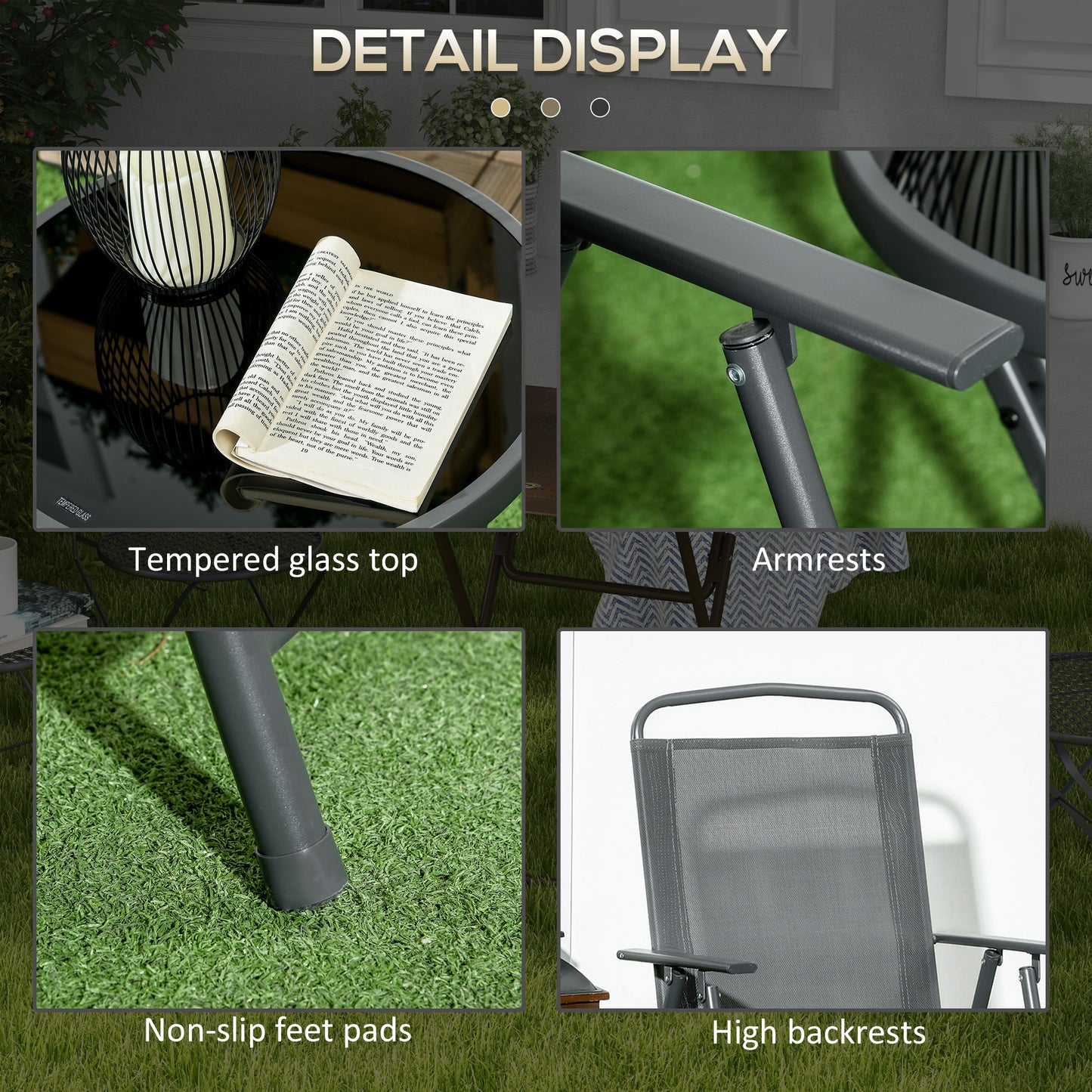 Outsunny 3 Pieces Bistro Set, Foldable Patio Furniture Set with Mesh Chairs, Glass Table for Garden, Balcony, Charcoal Grey
