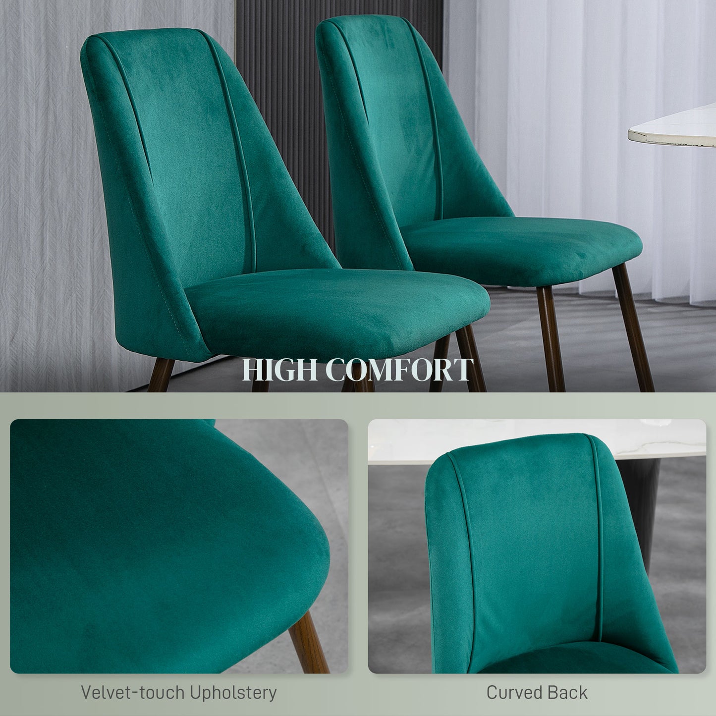 HOMCOM Upholstered Dining Chairs Set of 4, Velvet Accent Chair with Back and Wood-grain Steel Leg for Kitchen, Grey