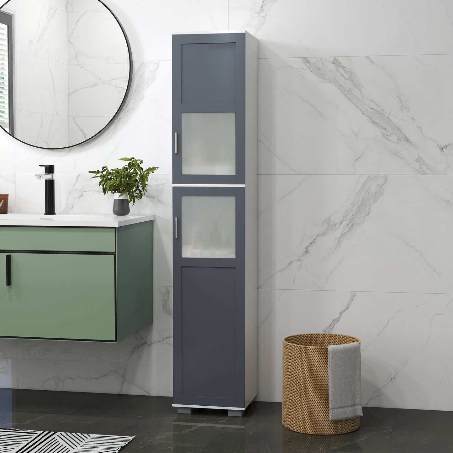 kleankin 75" Tall Bathroom Storage Cabinet, Narrow Bathroom Cabinets with Matte Glass Doors and 5-tier Shelving, White