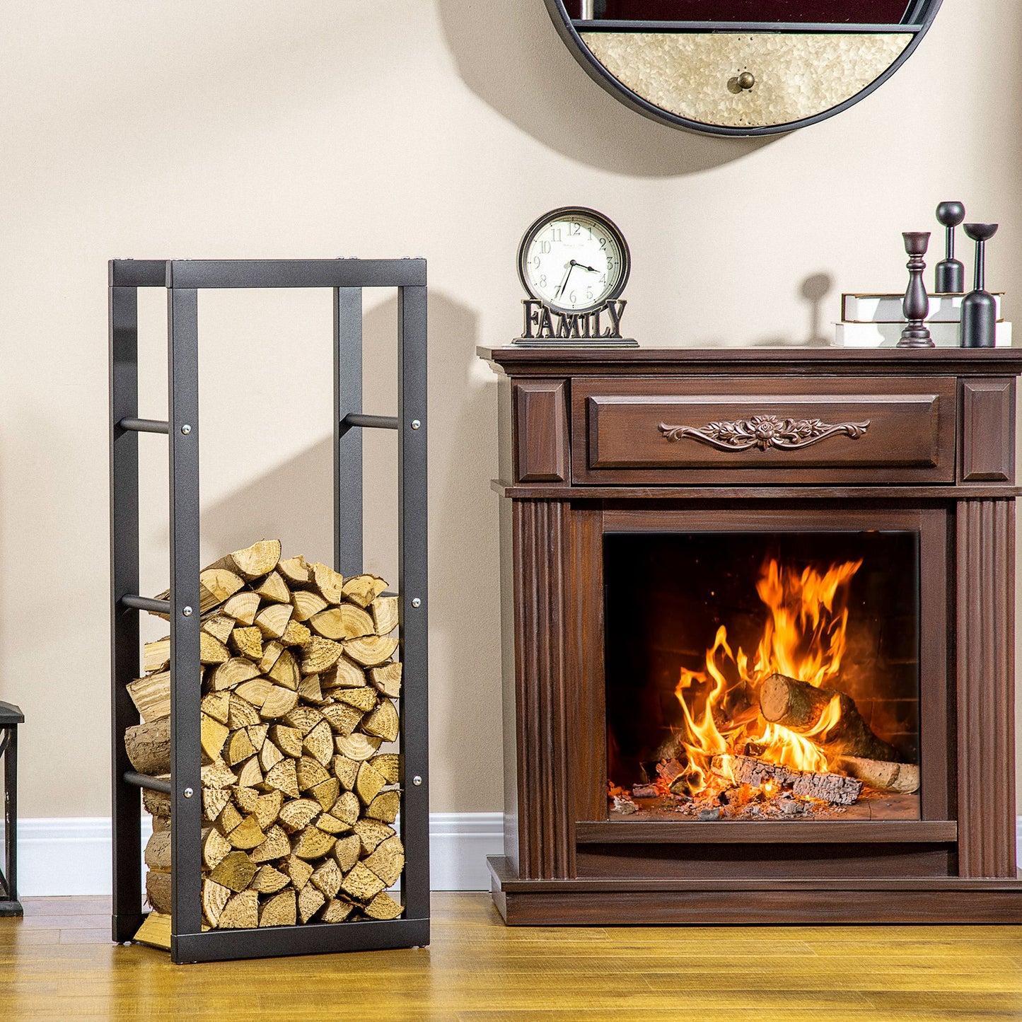 HOMCOM Firewood Rack Outdoor, Log Holder Fireplace Storage Rack with Handles and 220 lbs. Weight Capacity, 23.6" x 9.8" x 39.4", Black