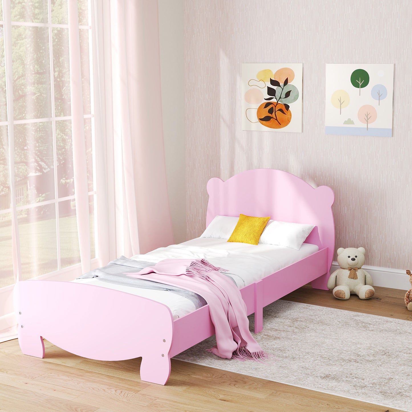 Qaba Twin Bed Frame for Kids with Bear Shaped Headboard & Footboard, Slats Support, No Box Spring Needed, for Ages 3-12, Pink