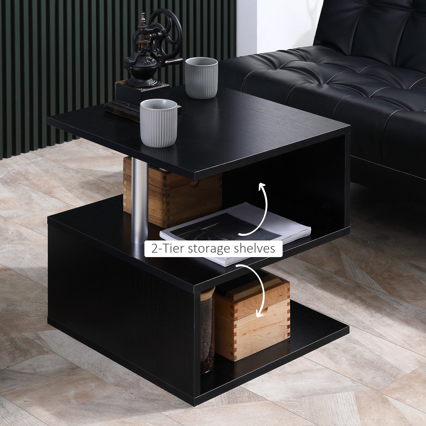 HOMCOM Wooden S Shape End Table 3 Tier Storage Shelves Organizer Living Room Side Table Desk Black