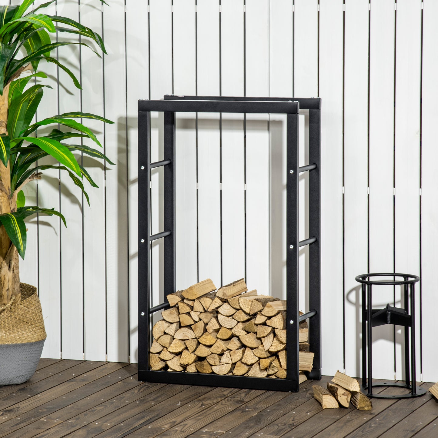 HOMCOM Firewood Rack Outdoor, Log Holder Fireplace Storage Rack with Handles and 220 lbs. Weight Capacity, 23.6" x 9.8" x 39.4", Black